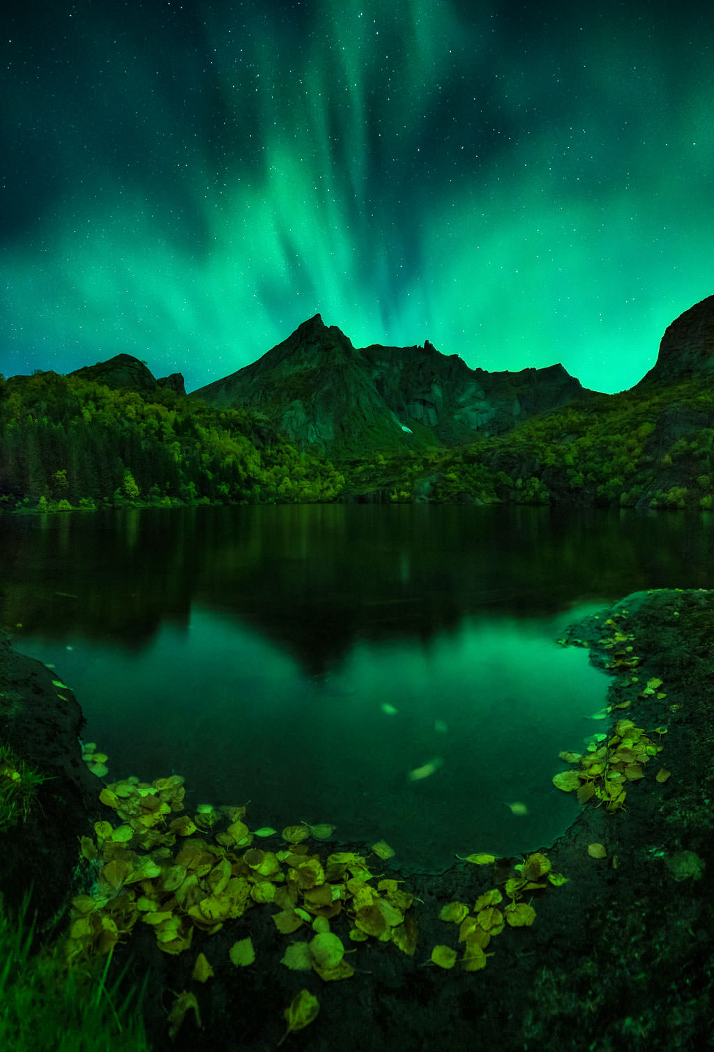 Aurora Borealis Northern Lights Over Mountain Lake Wallpapers