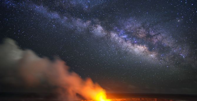 Erupting Volcano With Milky Way As A Back Drop Wallpapers