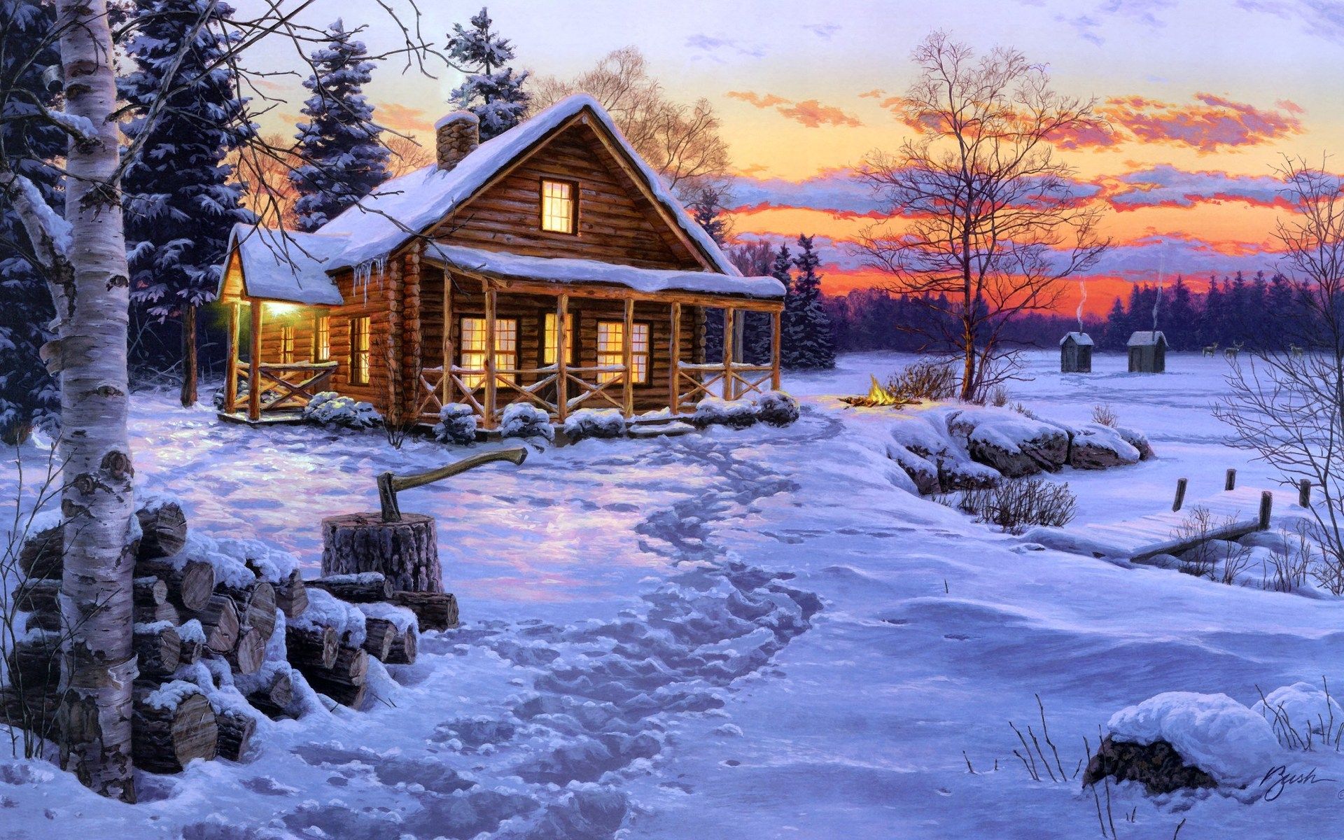 Evening In Winter Snowy House Wallpapers