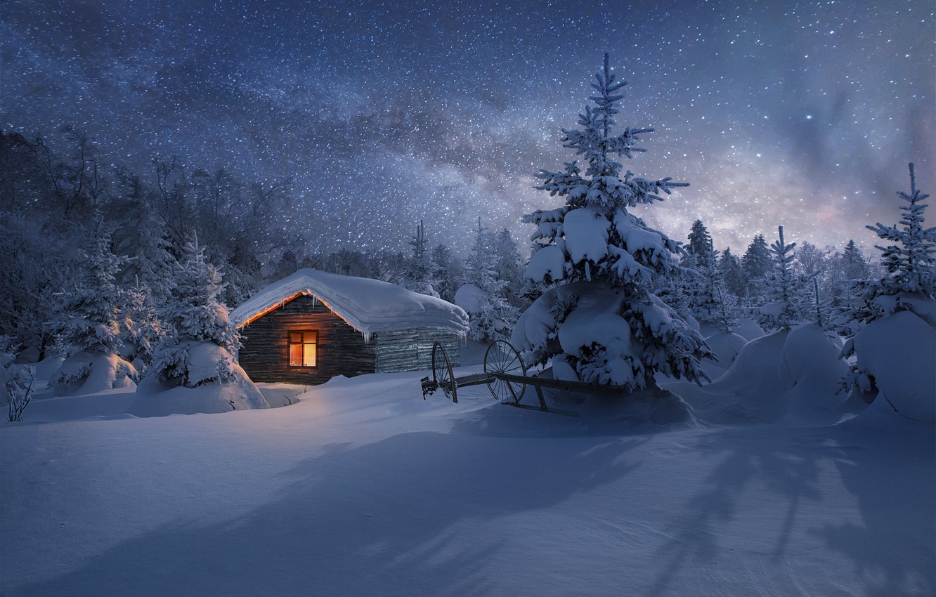 Evening In Winter Snowy House Wallpapers