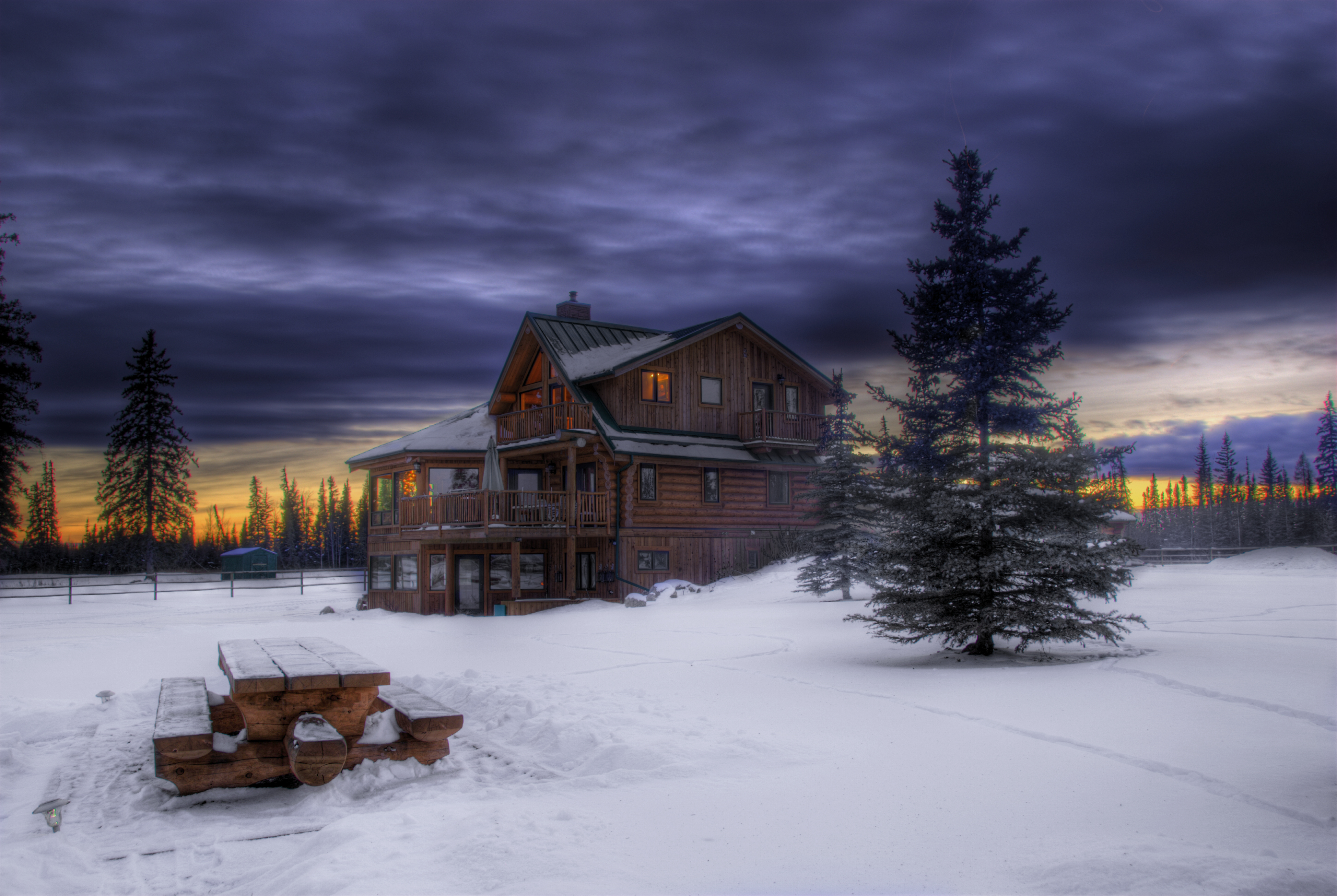 Evening In Winter Snowy House Wallpapers