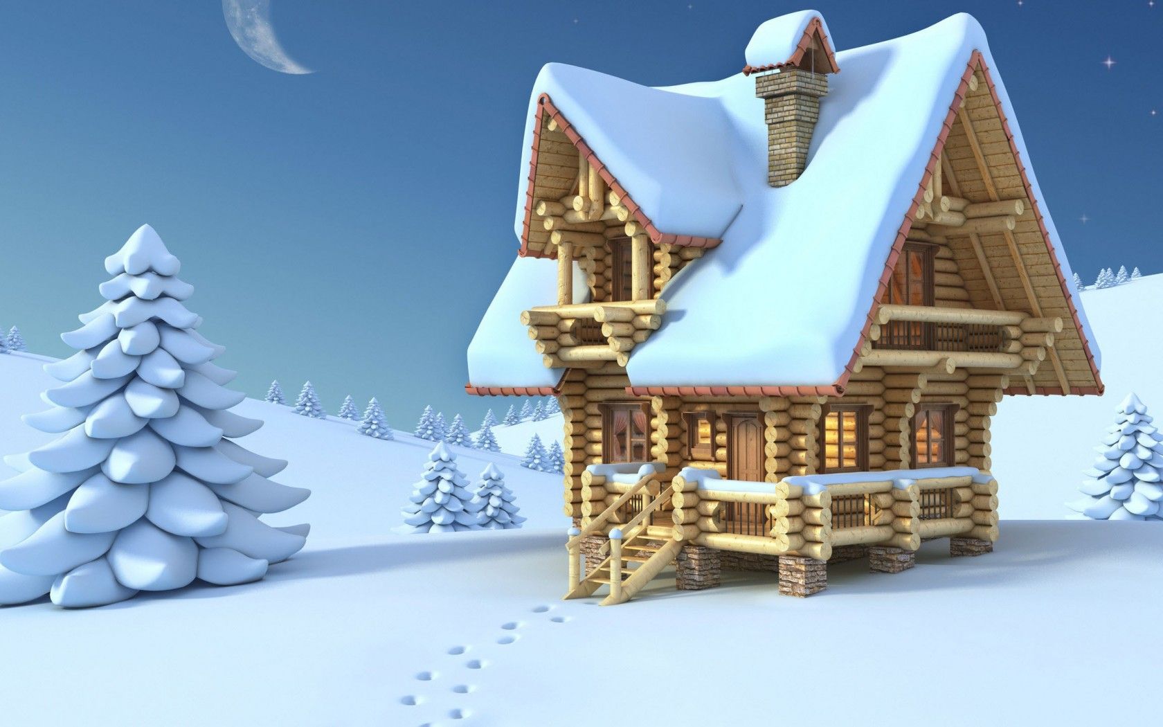 Evening In Winter Snowy House Wallpapers