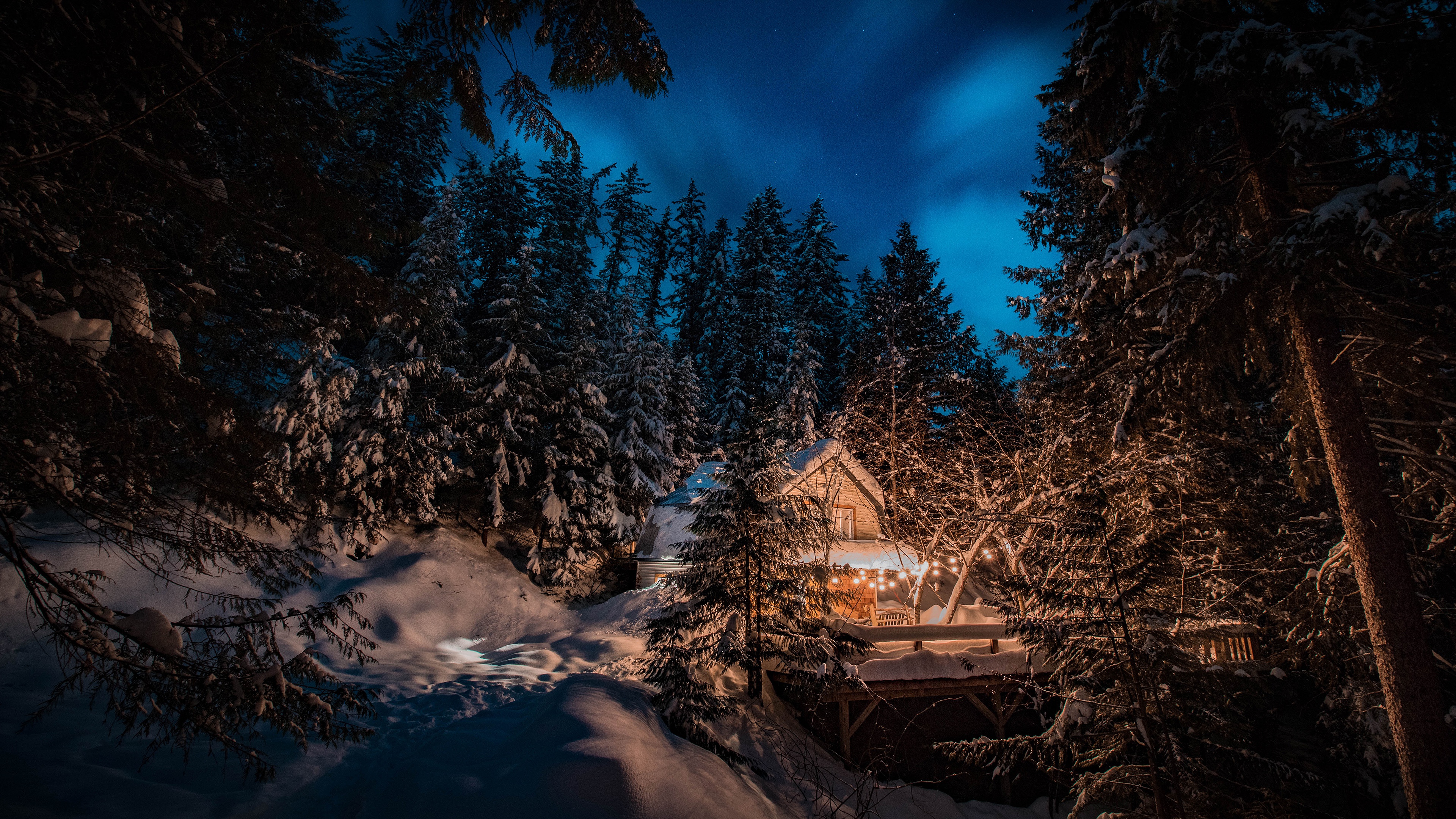 Evening In Winter Snowy House Wallpapers