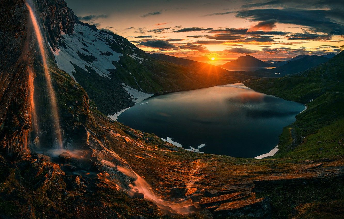 Evening Sunset Mountains Lake Wallpapers