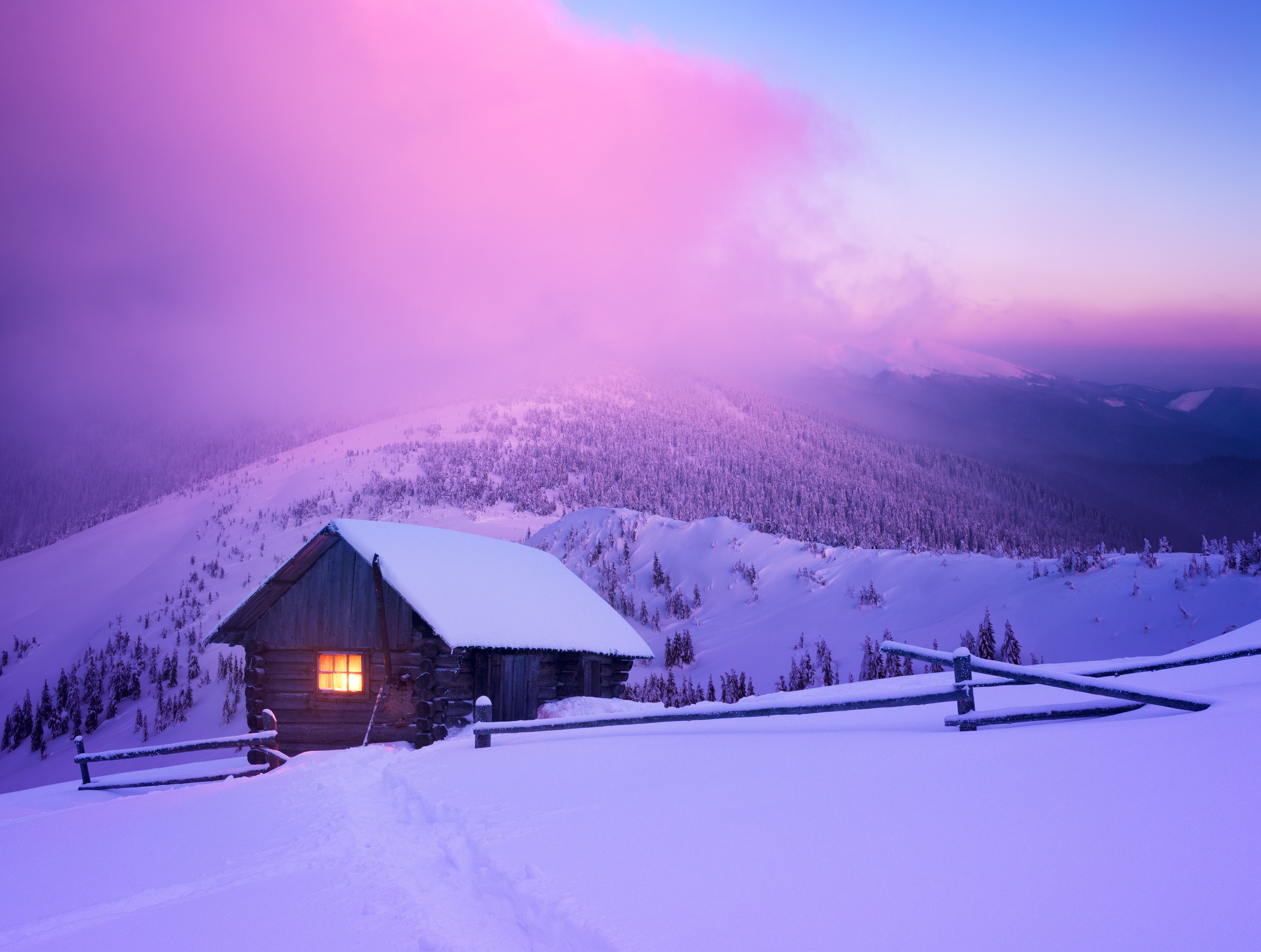 Forest House Covered In Snow 4K Wallpapers