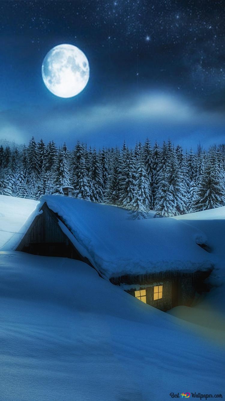 Full Moon Over Lakeside Cabin Wallpapers