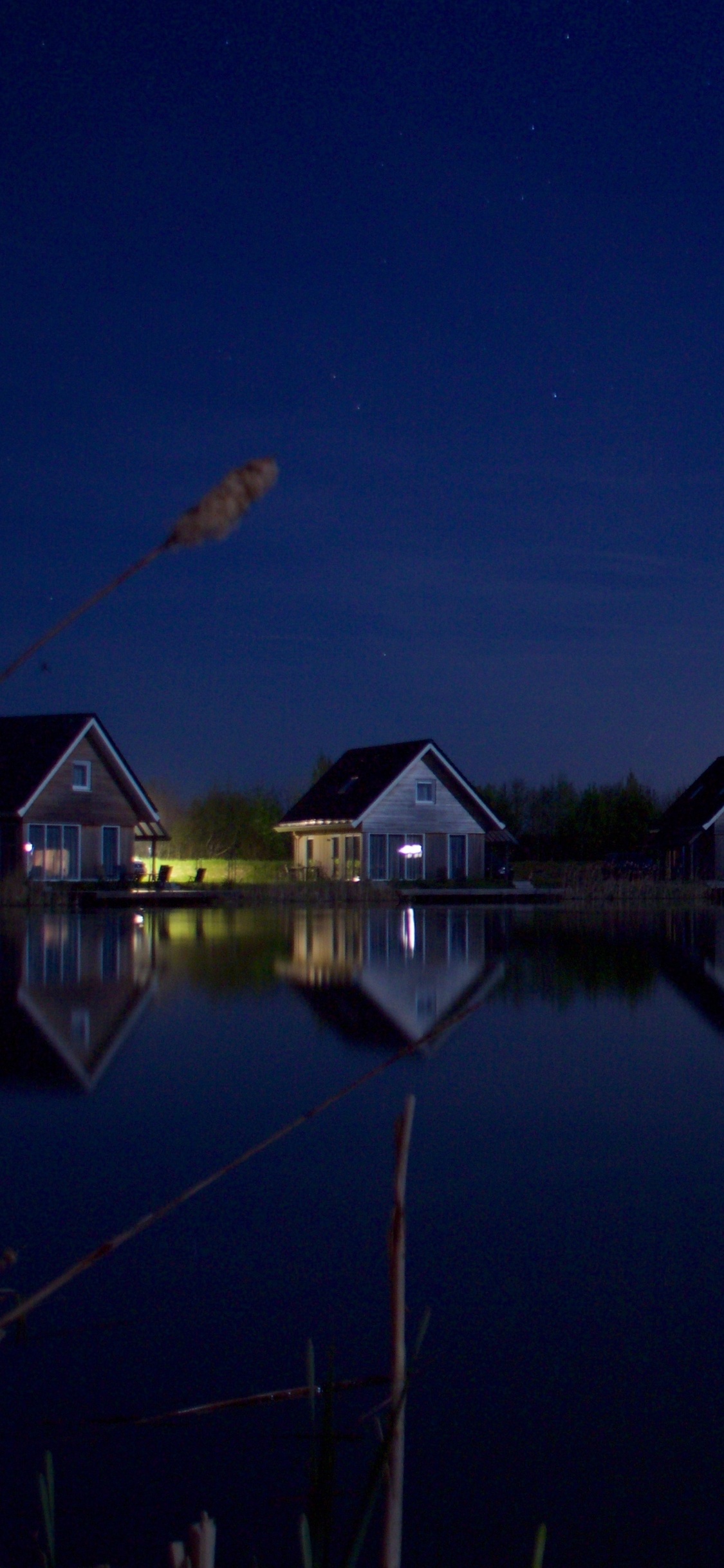 Houses At Lake Water Starry Night Wallpapers