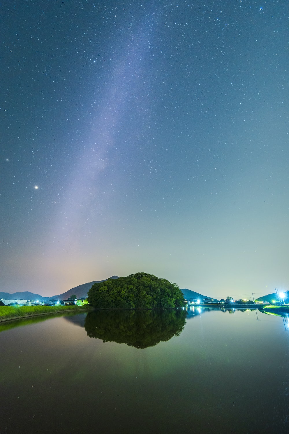 Houses At Lake Water Starry Night Wallpapers