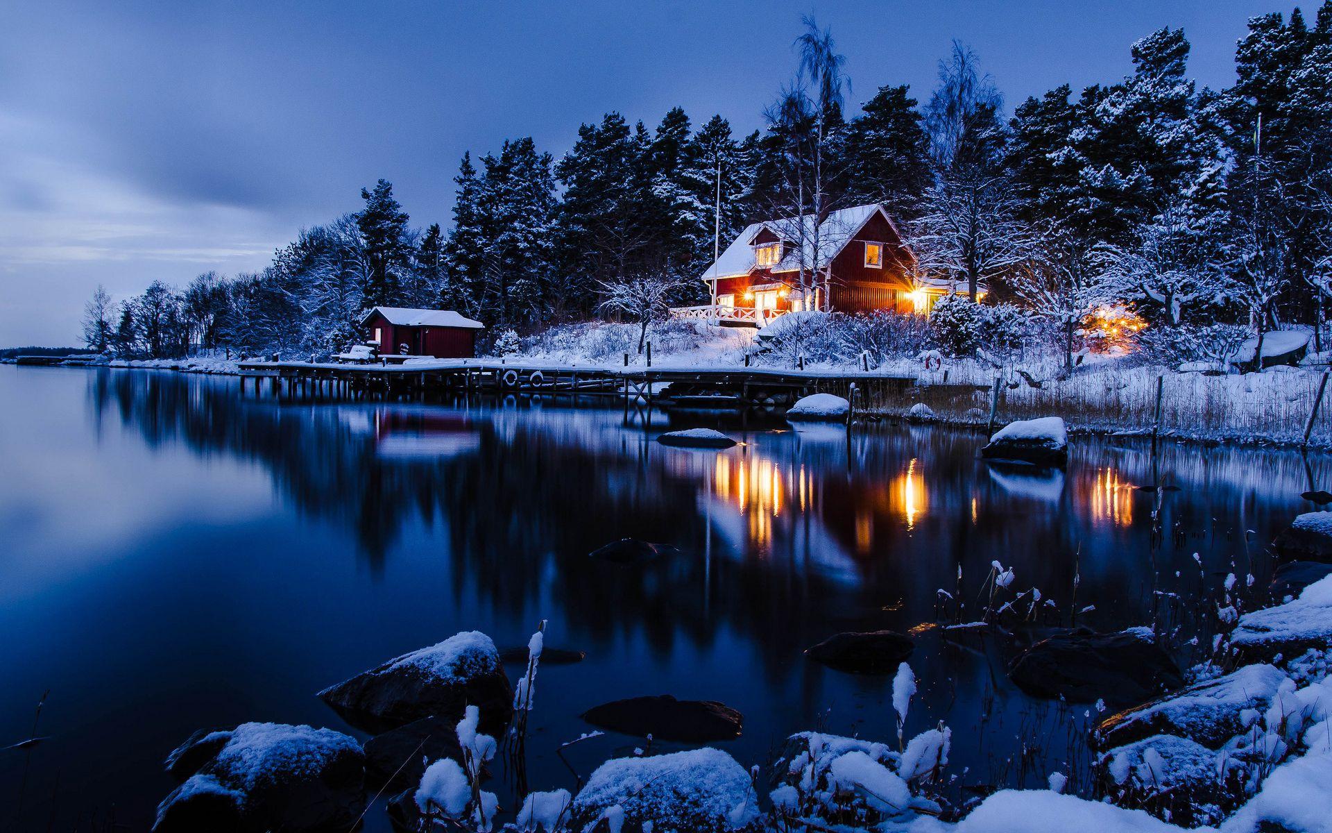 Hut House In Snowy Night Wallpapers