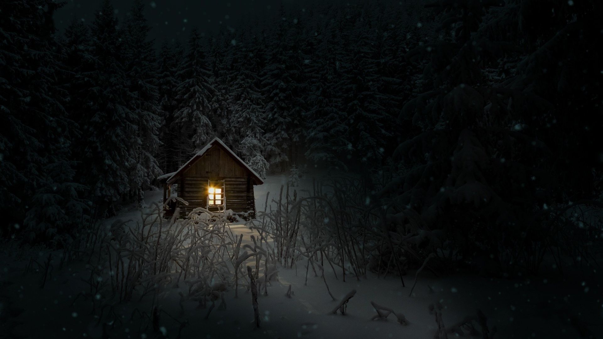 Hut House In Snowy Night Wallpapers