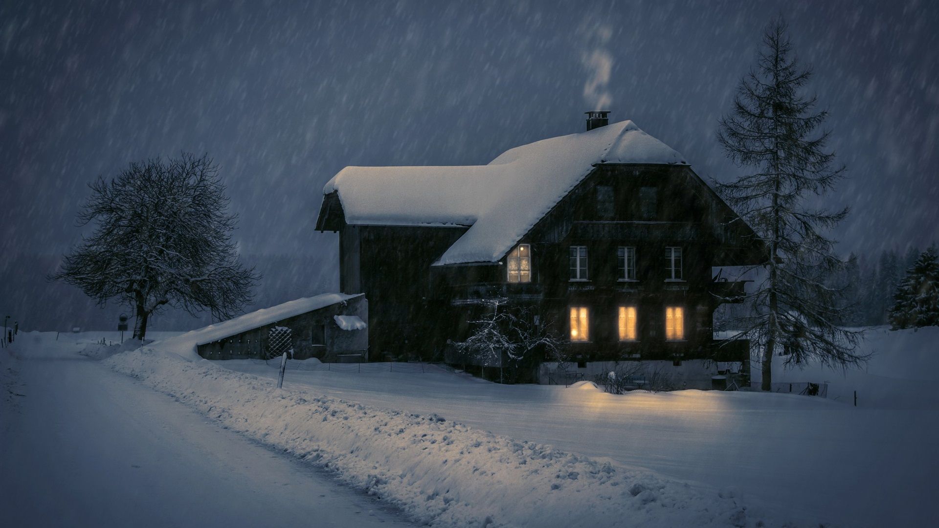 Hut House In Snowy Night Wallpapers