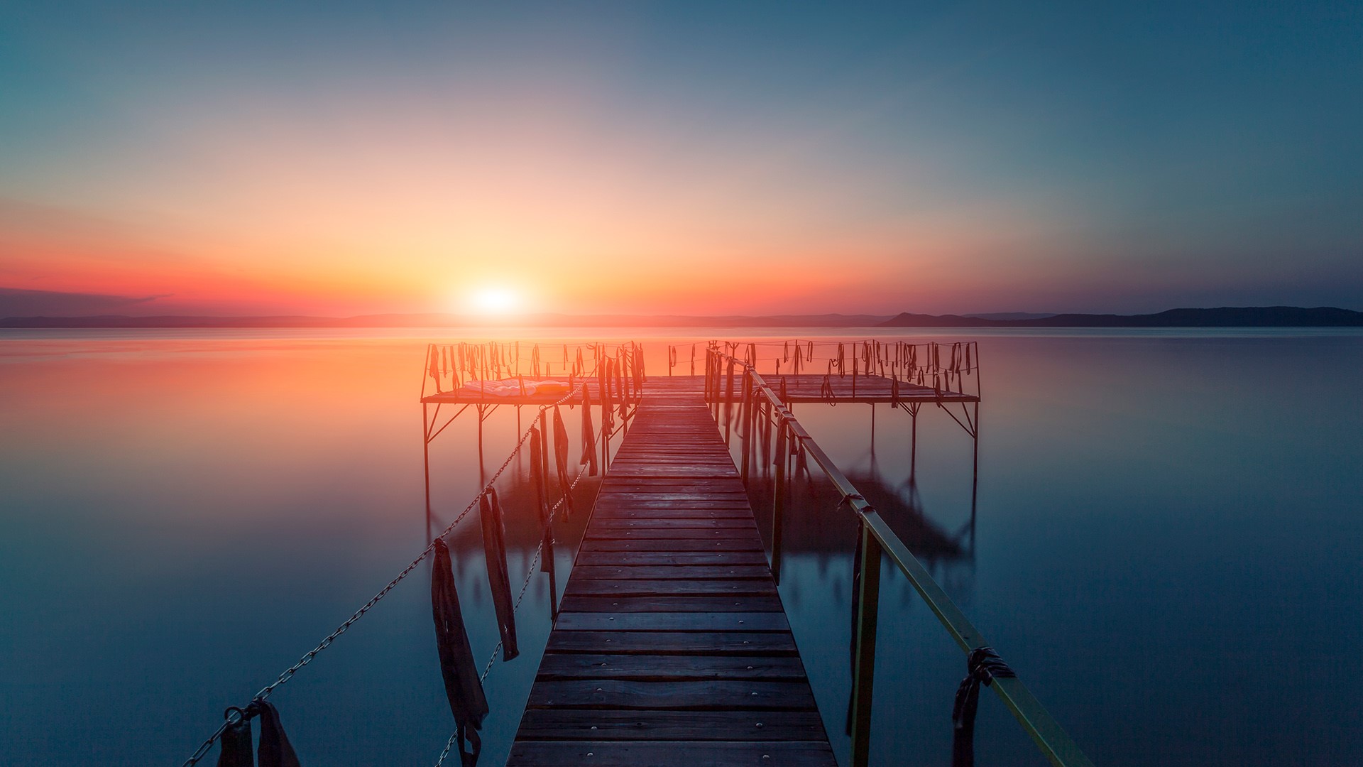 Lake Pier And Mountain Sunset Wallpapers