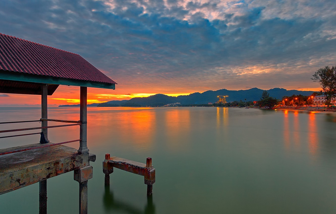 Lake Pier And Mountain Sunset Wallpapers