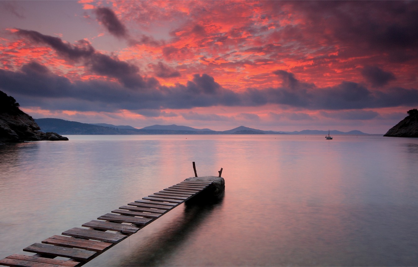 Lake Pier And Mountain Sunset Wallpapers