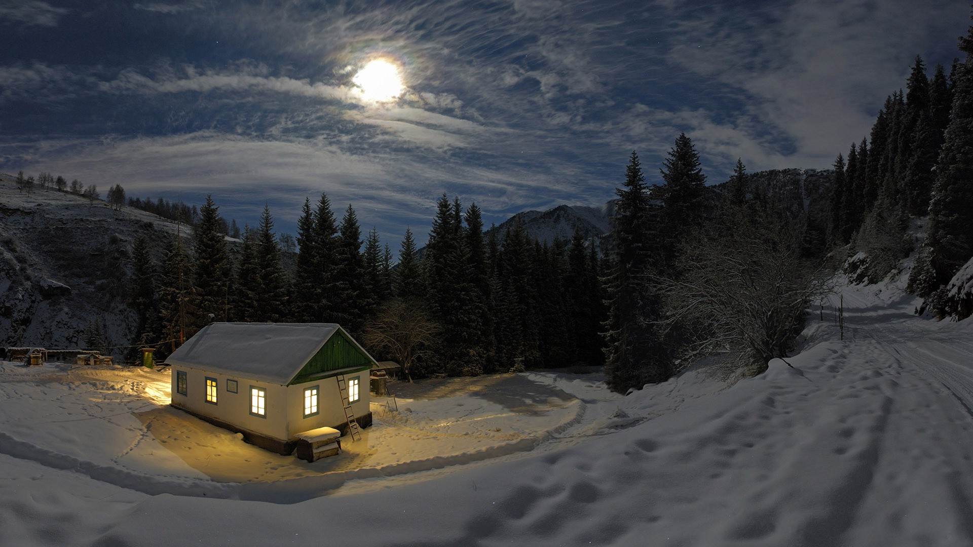 Moon At Pick Of Winter Mountains Wallpapers