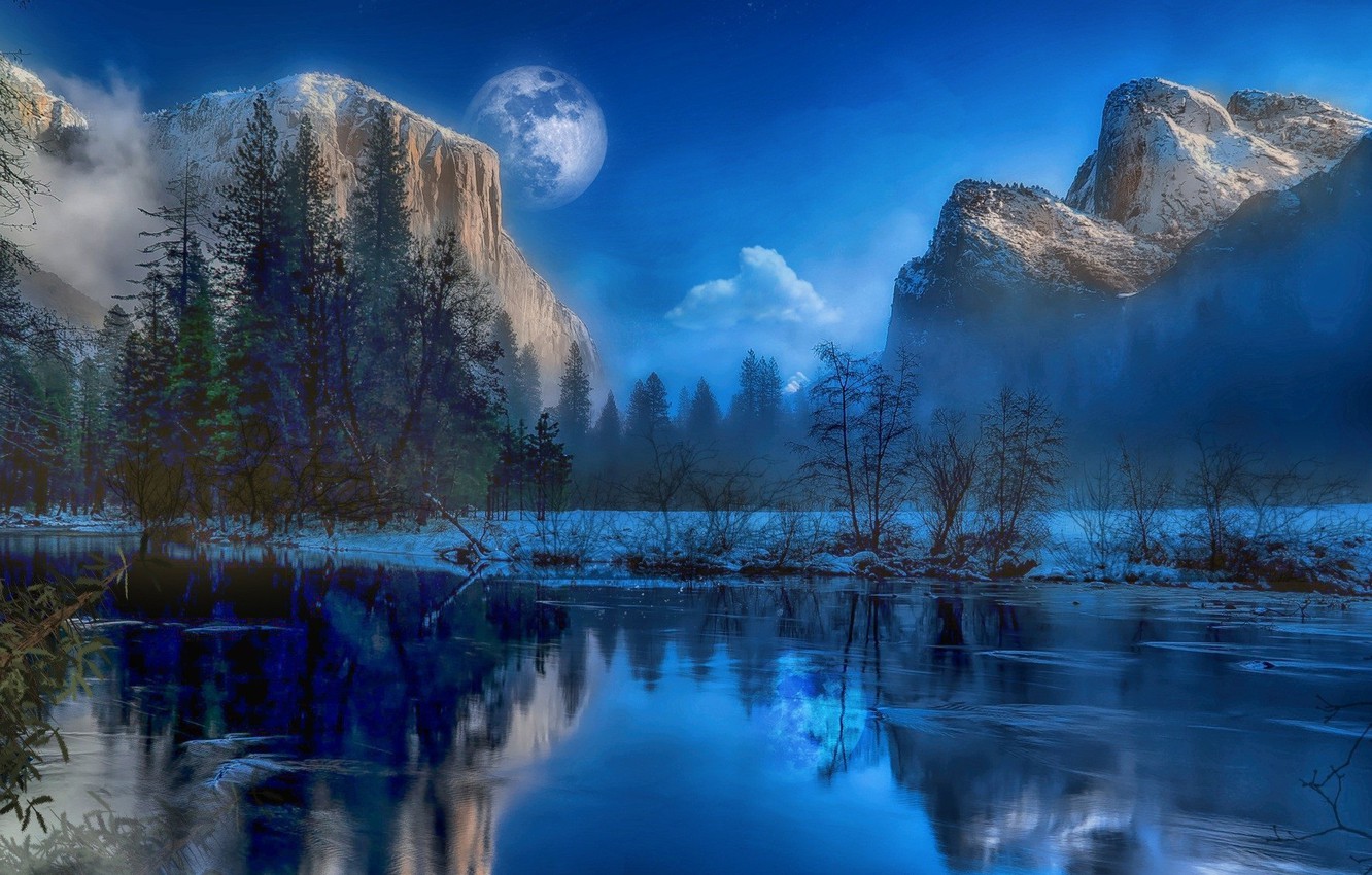 Moon At Pick Of Winter Mountains Wallpapers