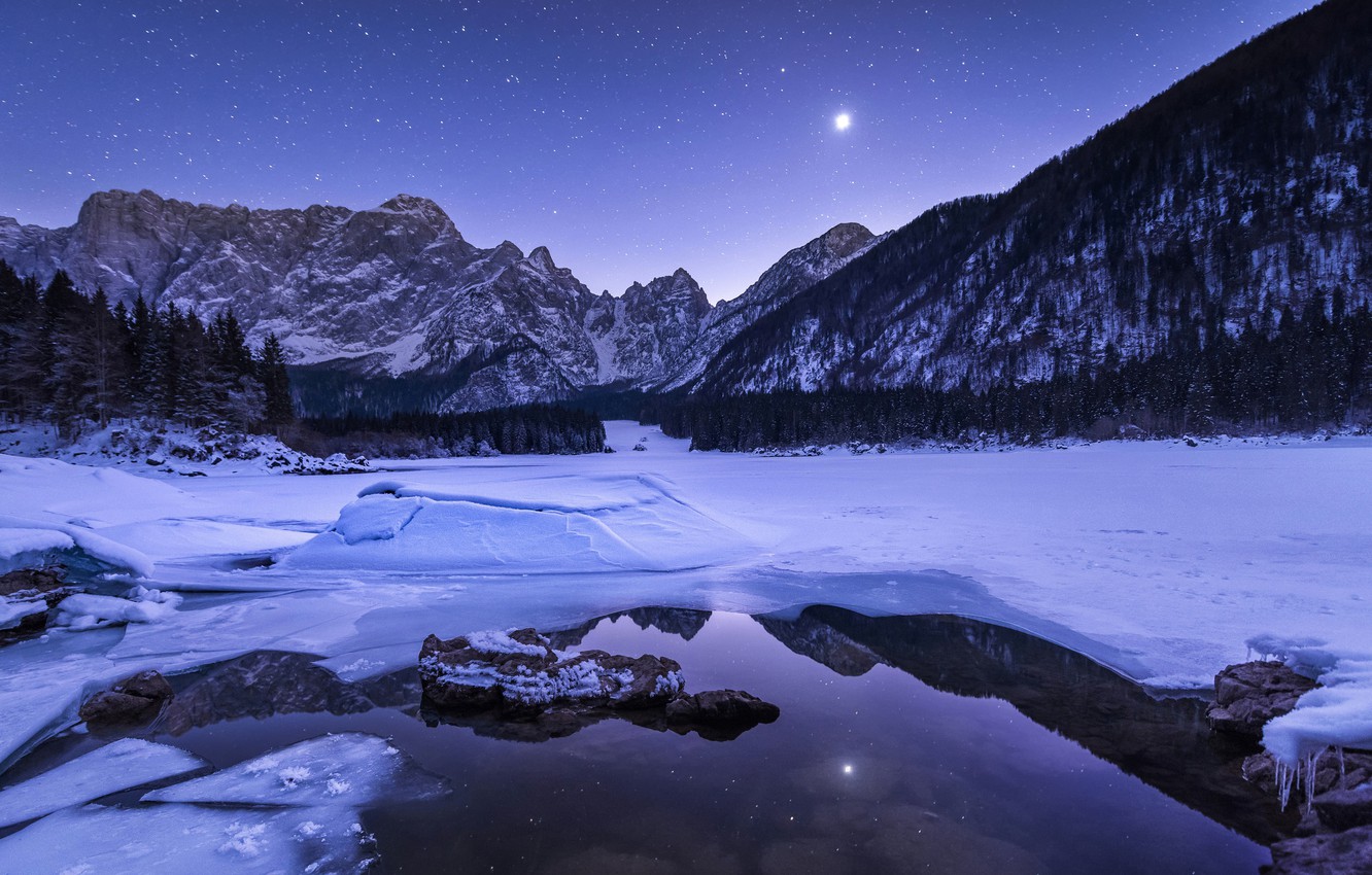 Moon At Pick Of Winter Mountains Wallpapers