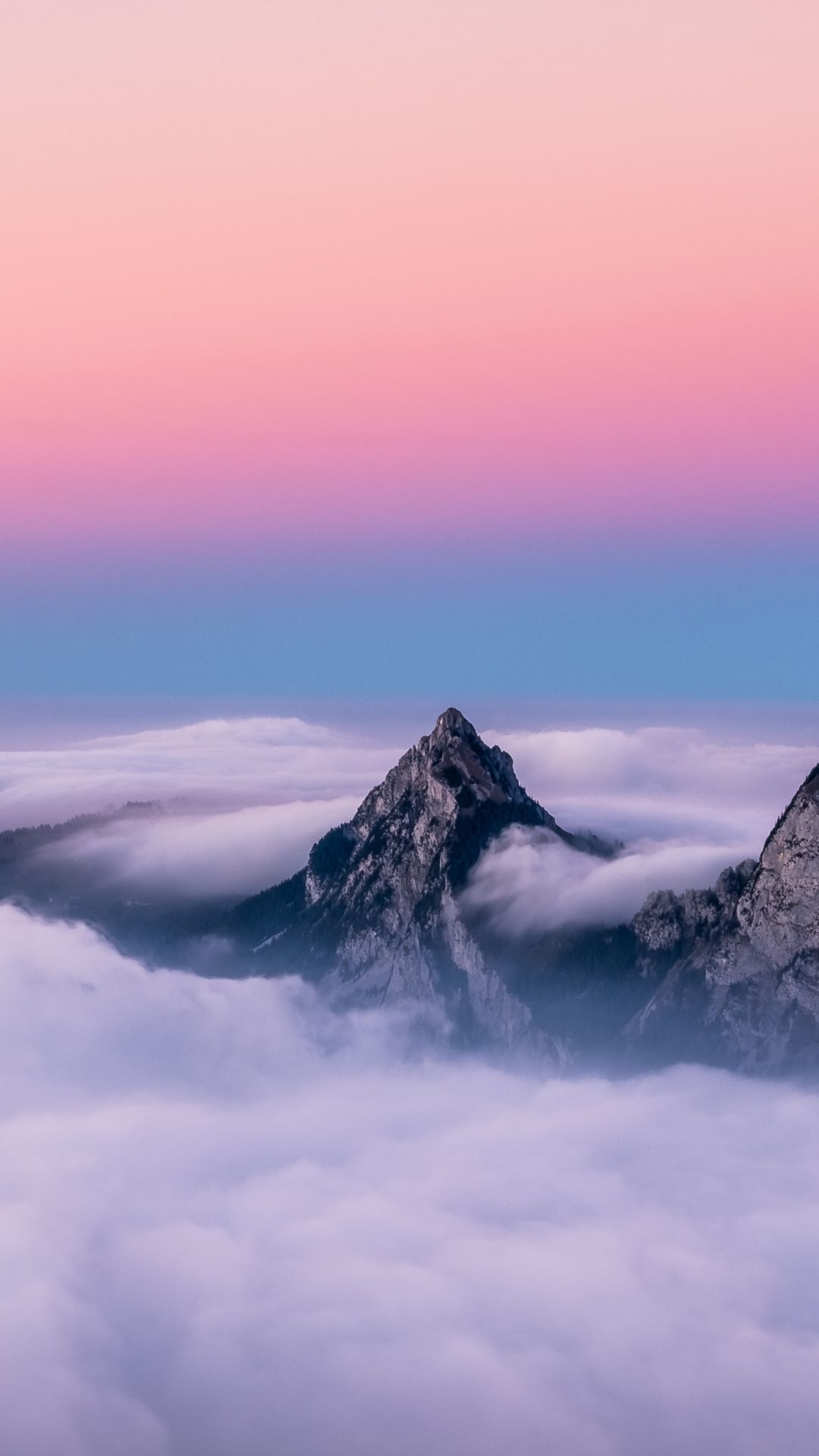 Mountain Peaks Fog  And Pink Clouds Wallpapers