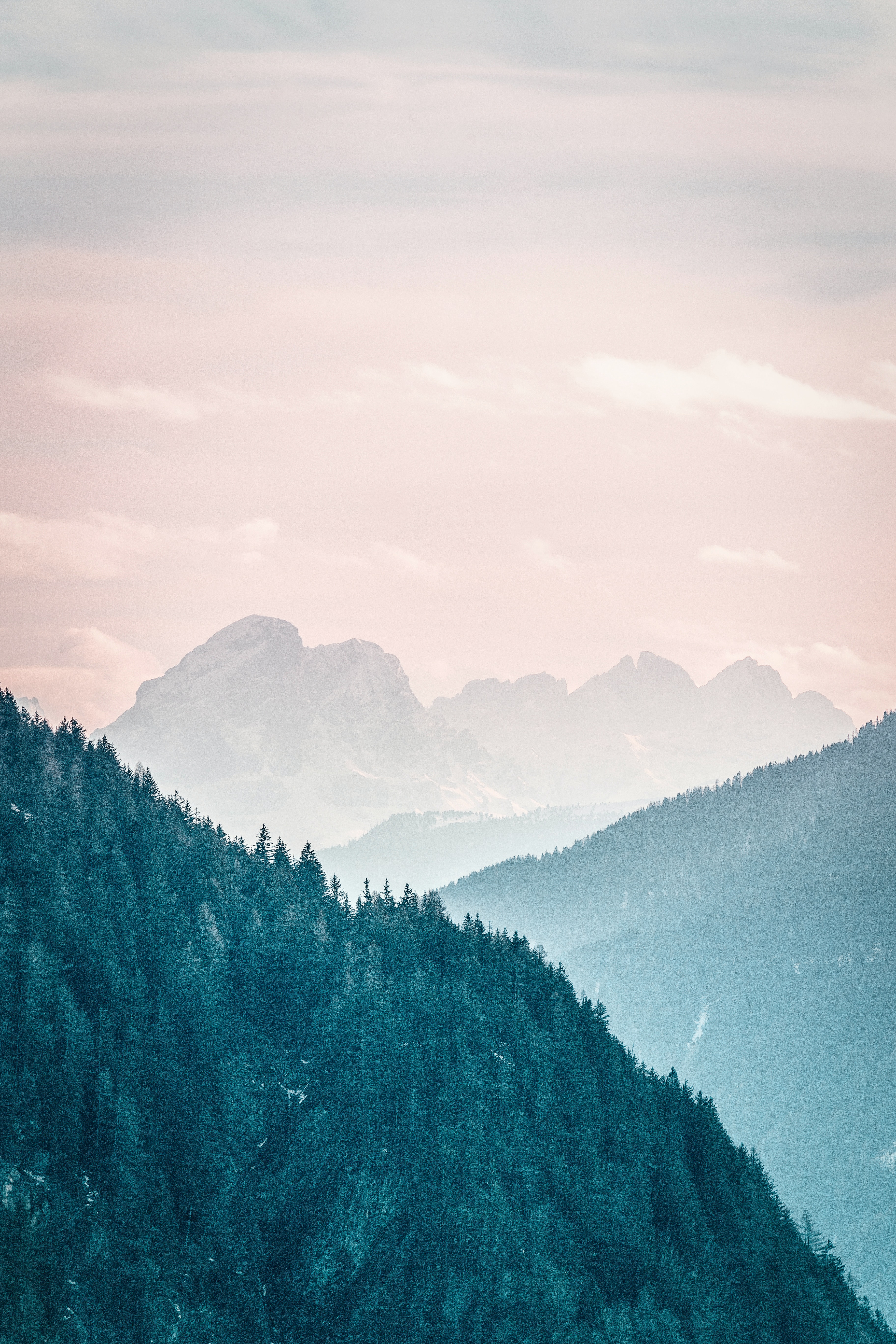 Mountain Peaks Fog  And Pink Clouds Wallpapers