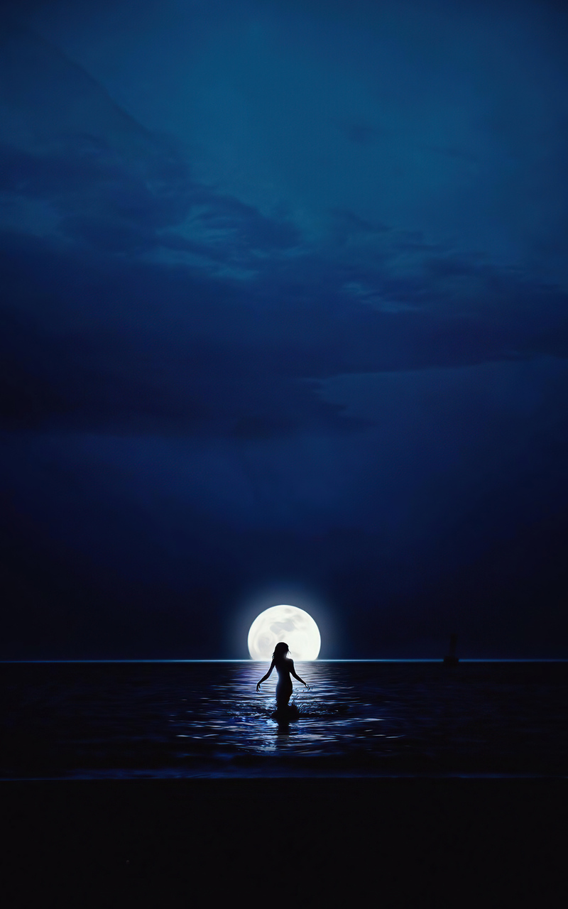 Ocean During Nighttime With Moon Wallpapers