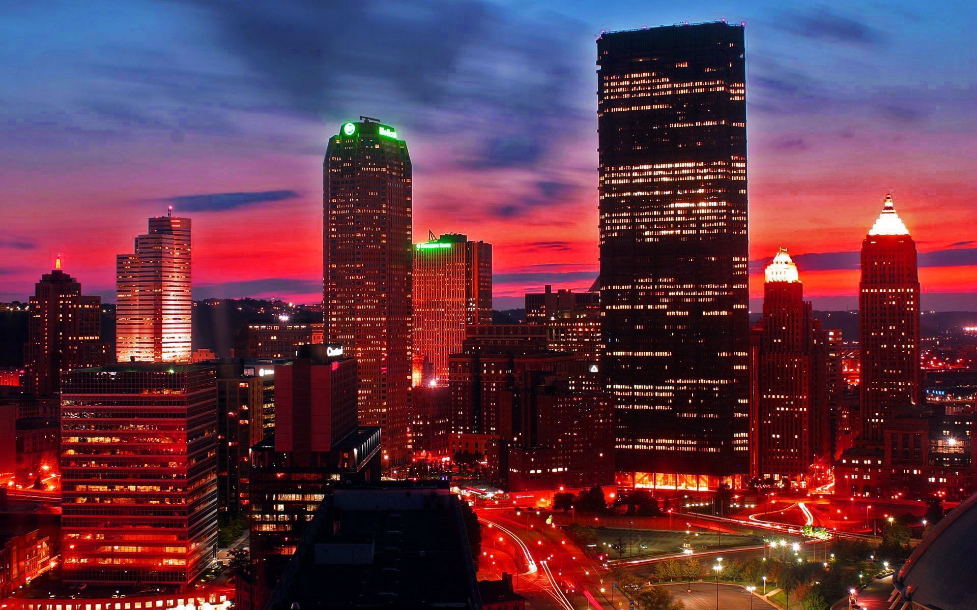 Red Night Panorama Buildings Lights And Red Sky Wallpapers