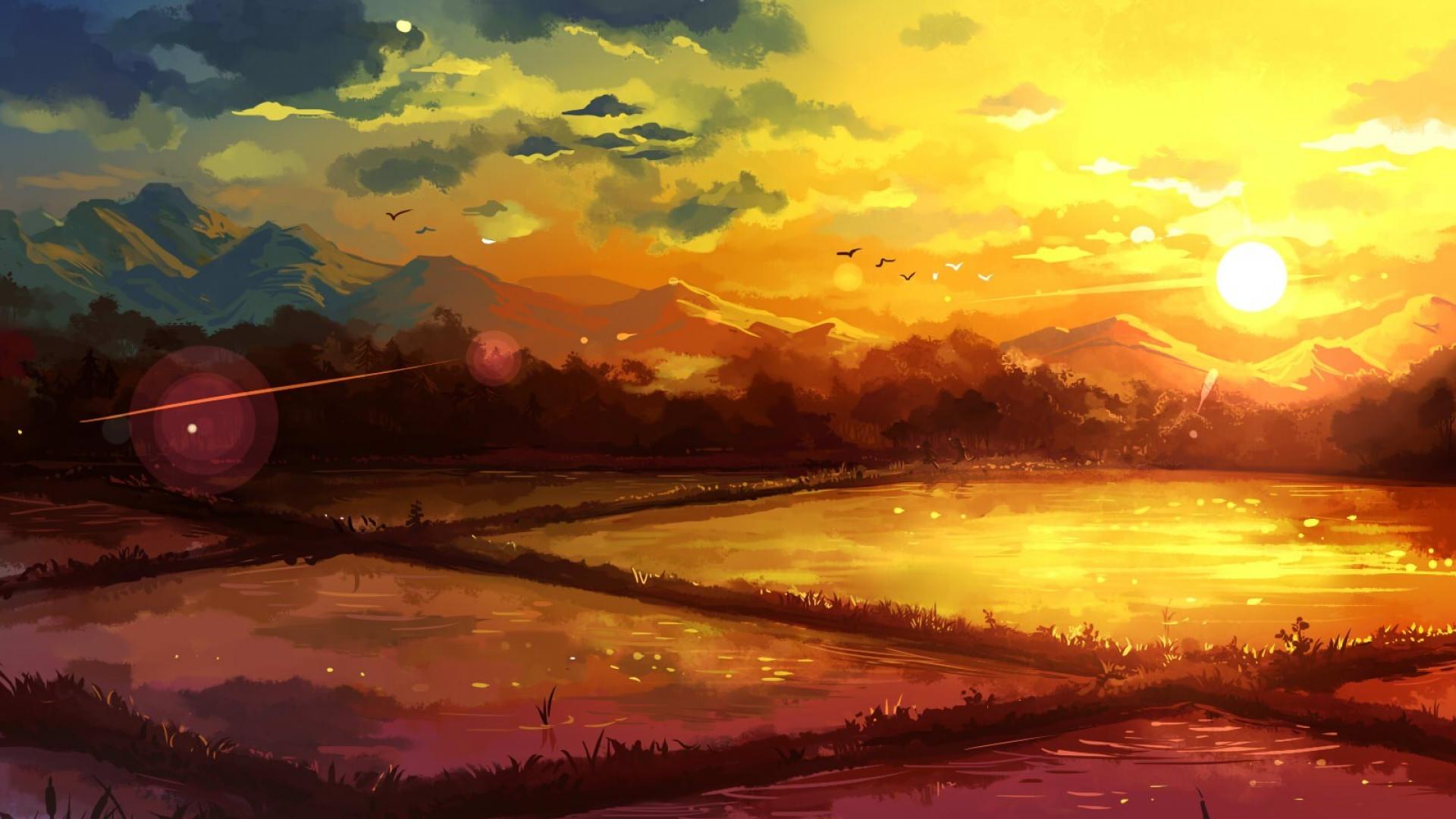 Sunset On The Lake Drawing Wallpapers