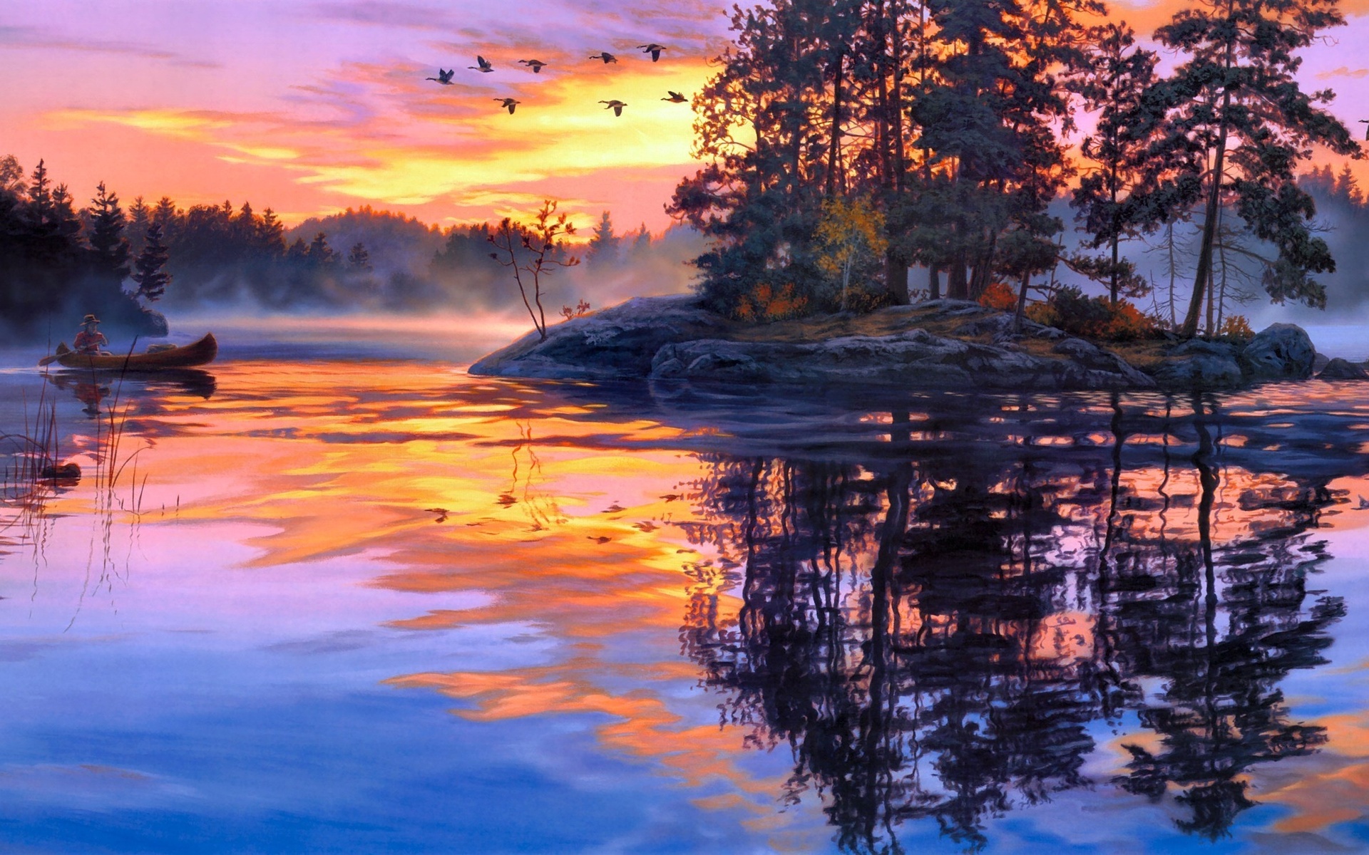 Sunset On The Lake Drawing Wallpapers