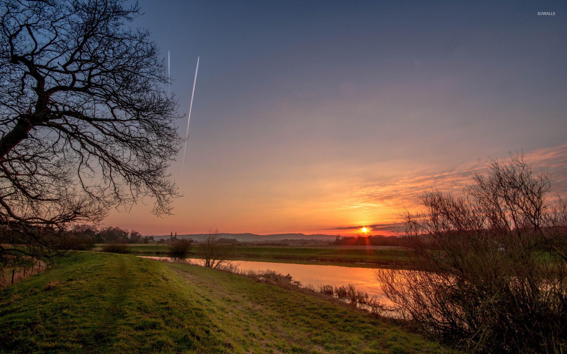 Sunset Over River In The Evening Wallpapers