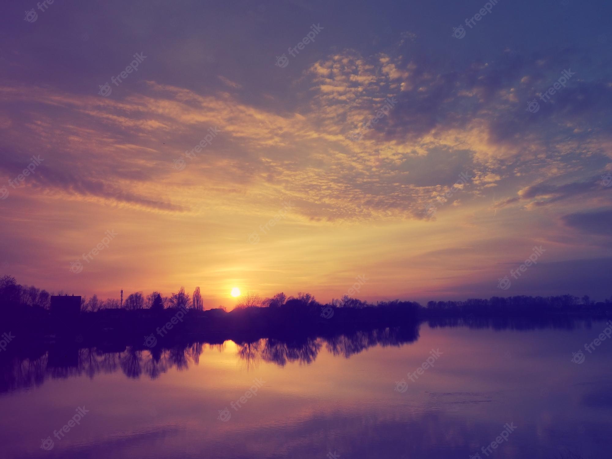 Sunset Over River In The Evening Wallpapers