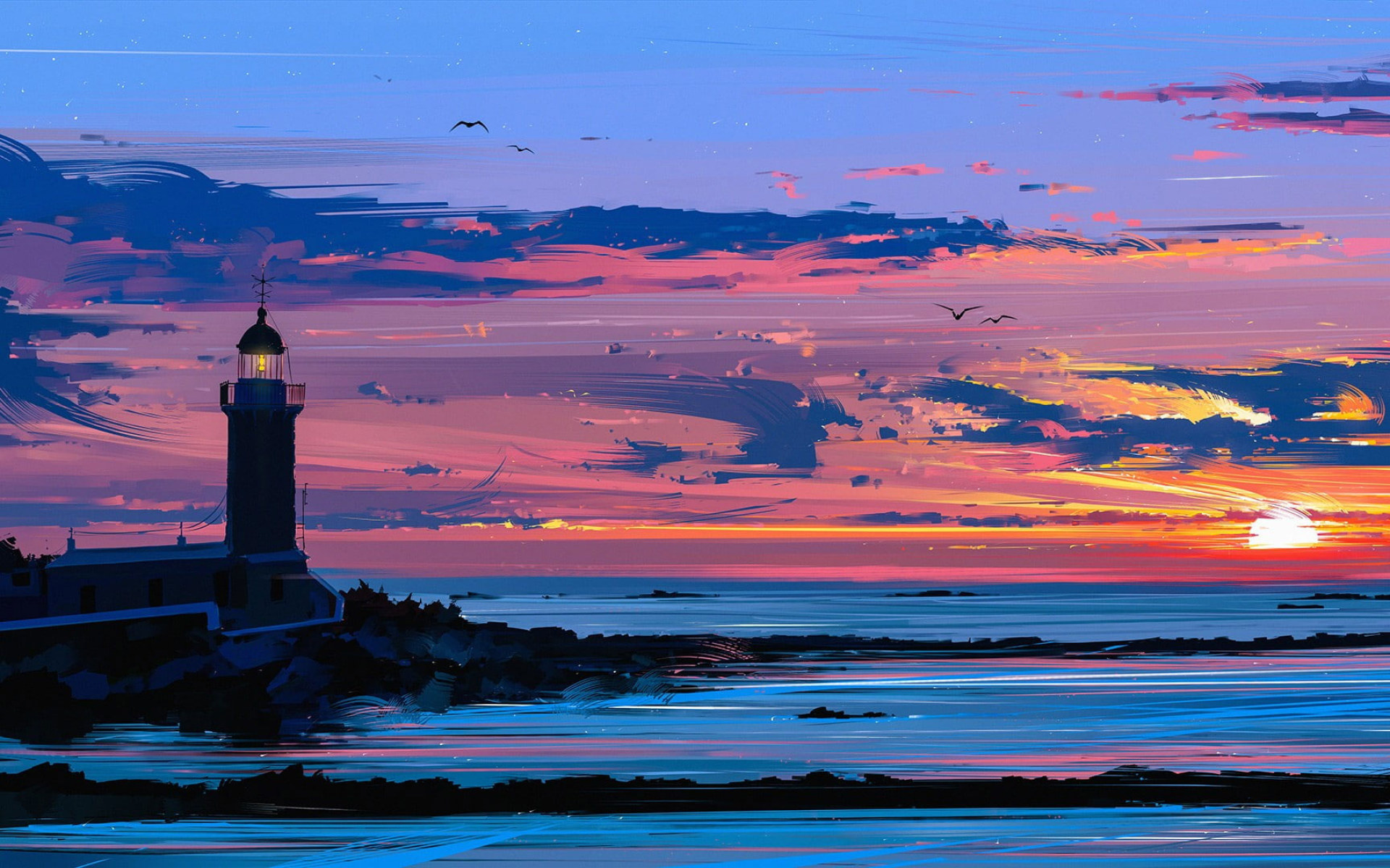 Surreal Sunrise Near Ocean Lighthouse Wallpapers