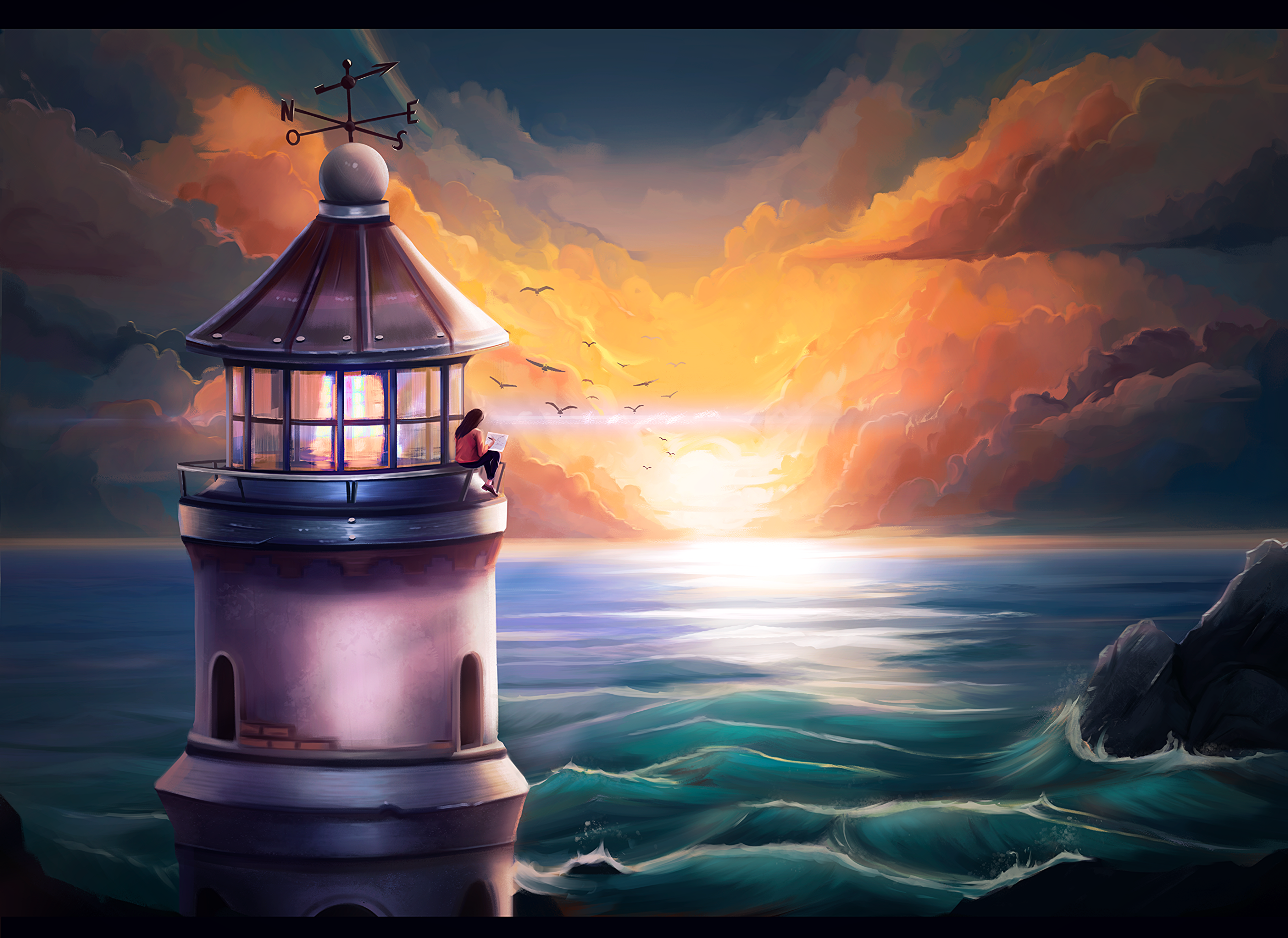 Surreal Sunrise Near Ocean Lighthouse Wallpapers