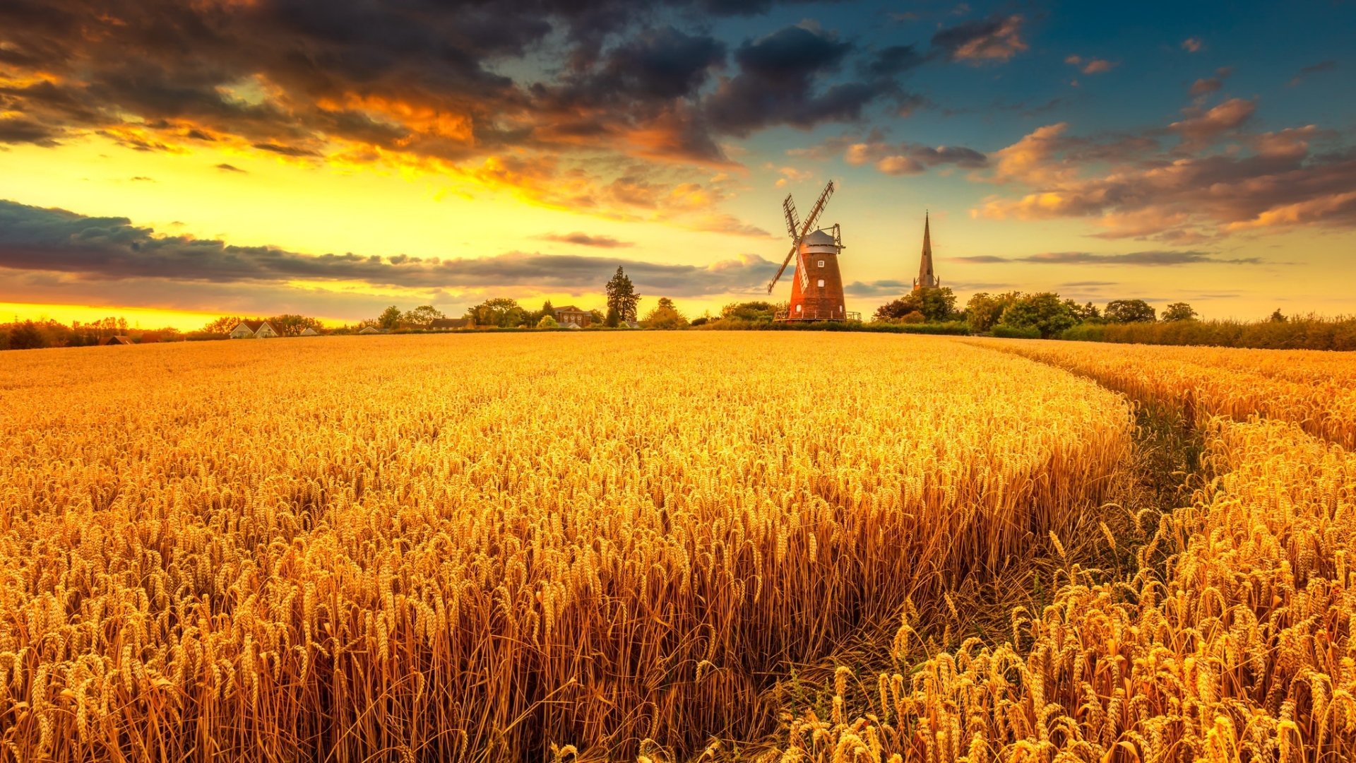 Windmill On Wheat Field At Sunset Wallpapers