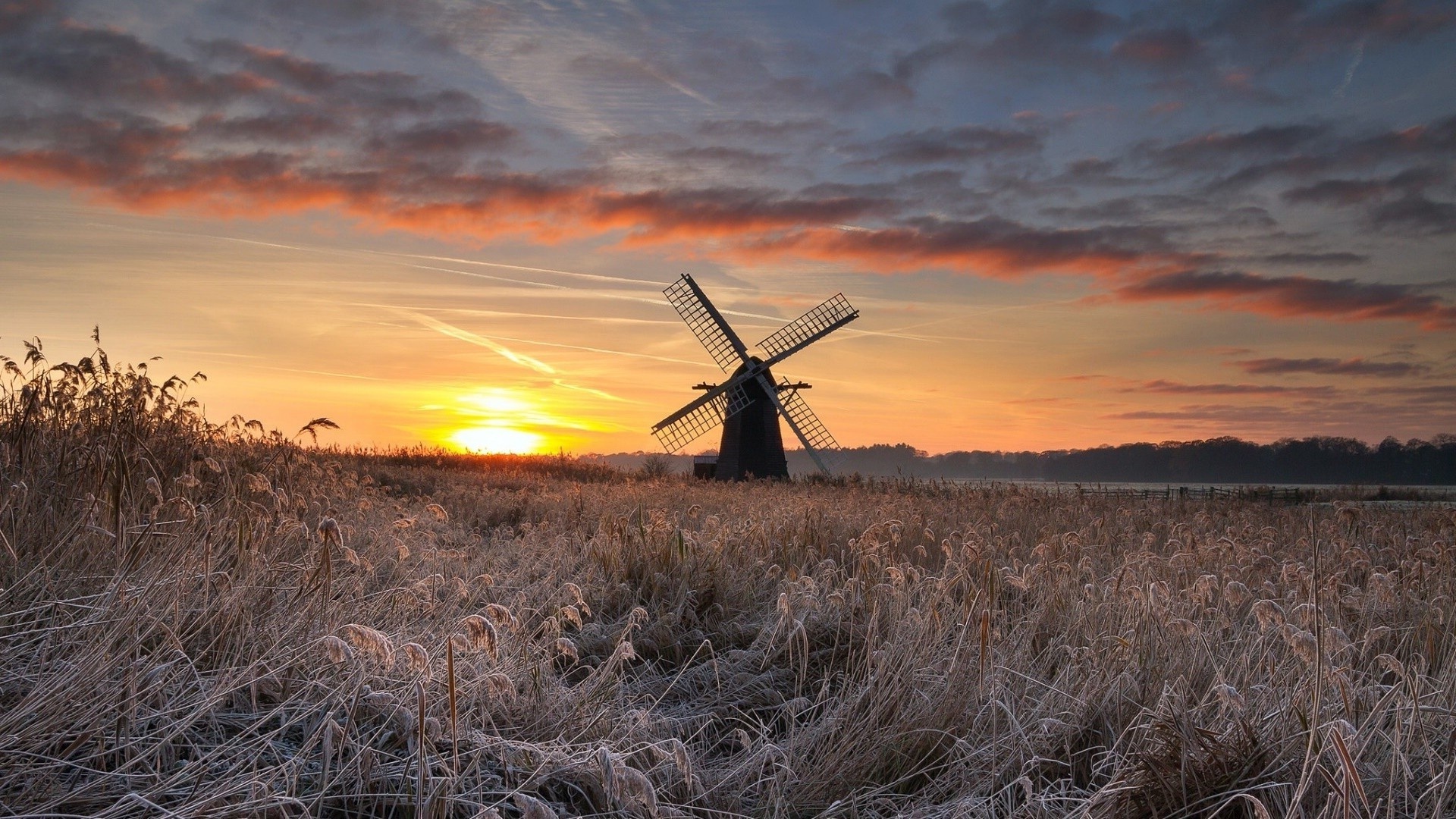 Windmill On Wheat Field At Sunset Wallpapers
