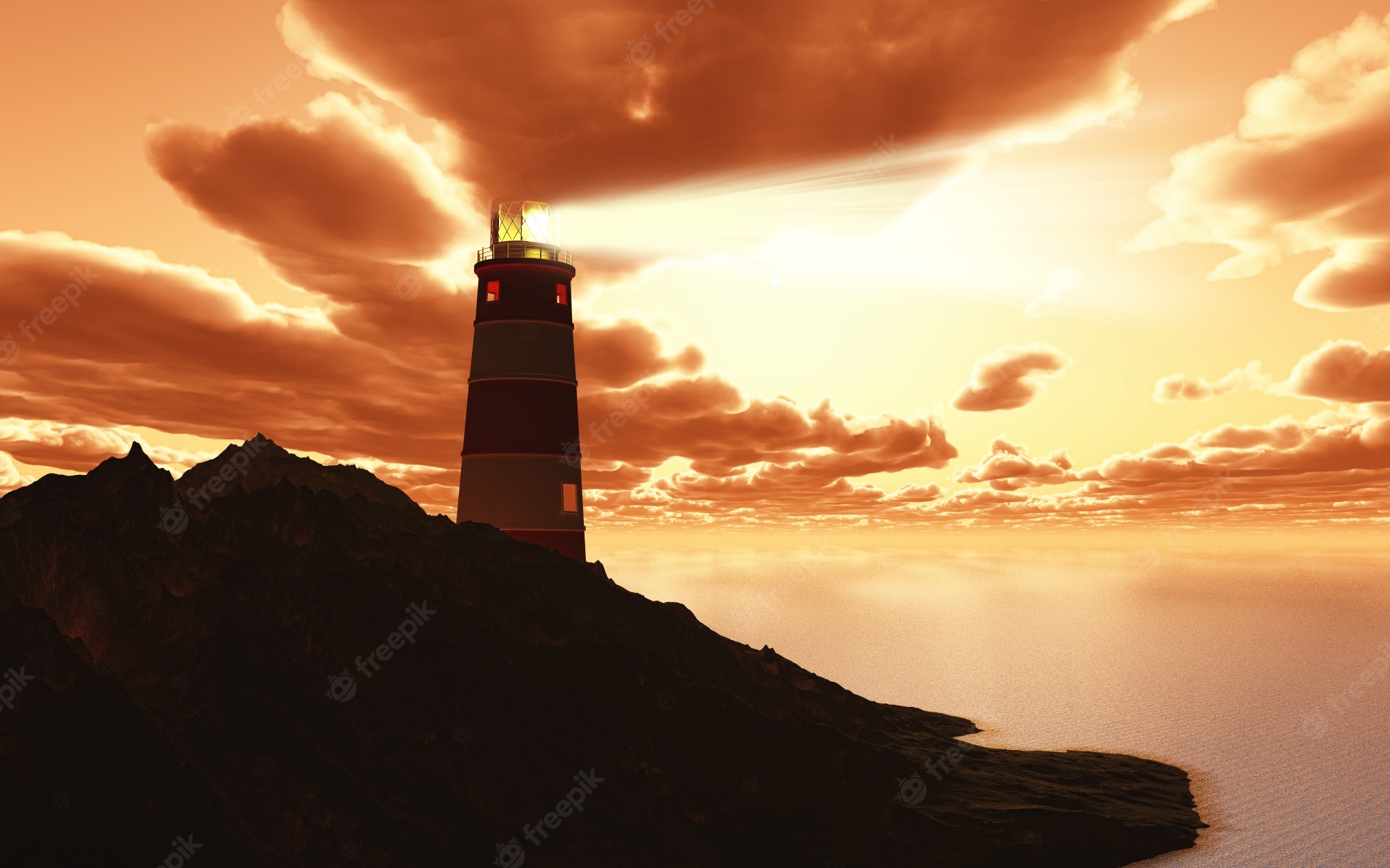 Yellow Sunset Near Lighthouse Wallpapers