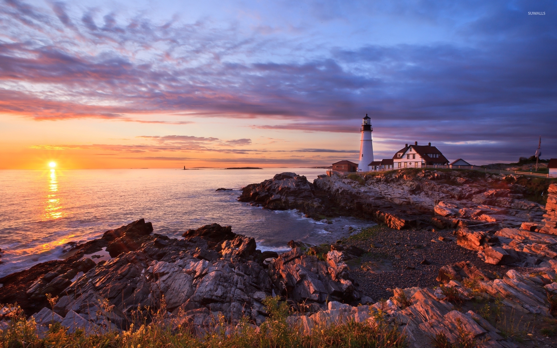 Yellow Sunset Near Lighthouse Wallpapers