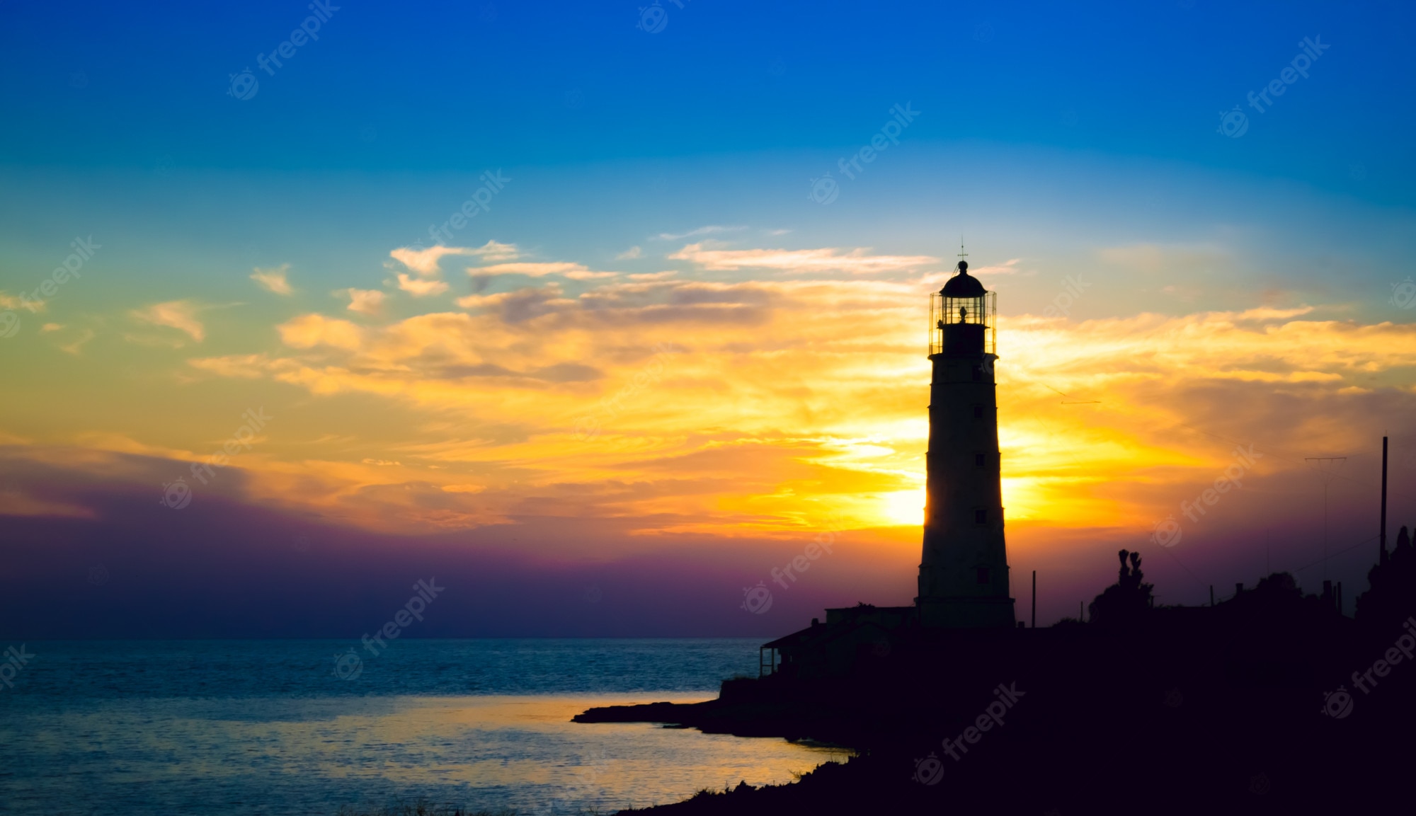 Yellow Sunset Near Lighthouse Wallpapers