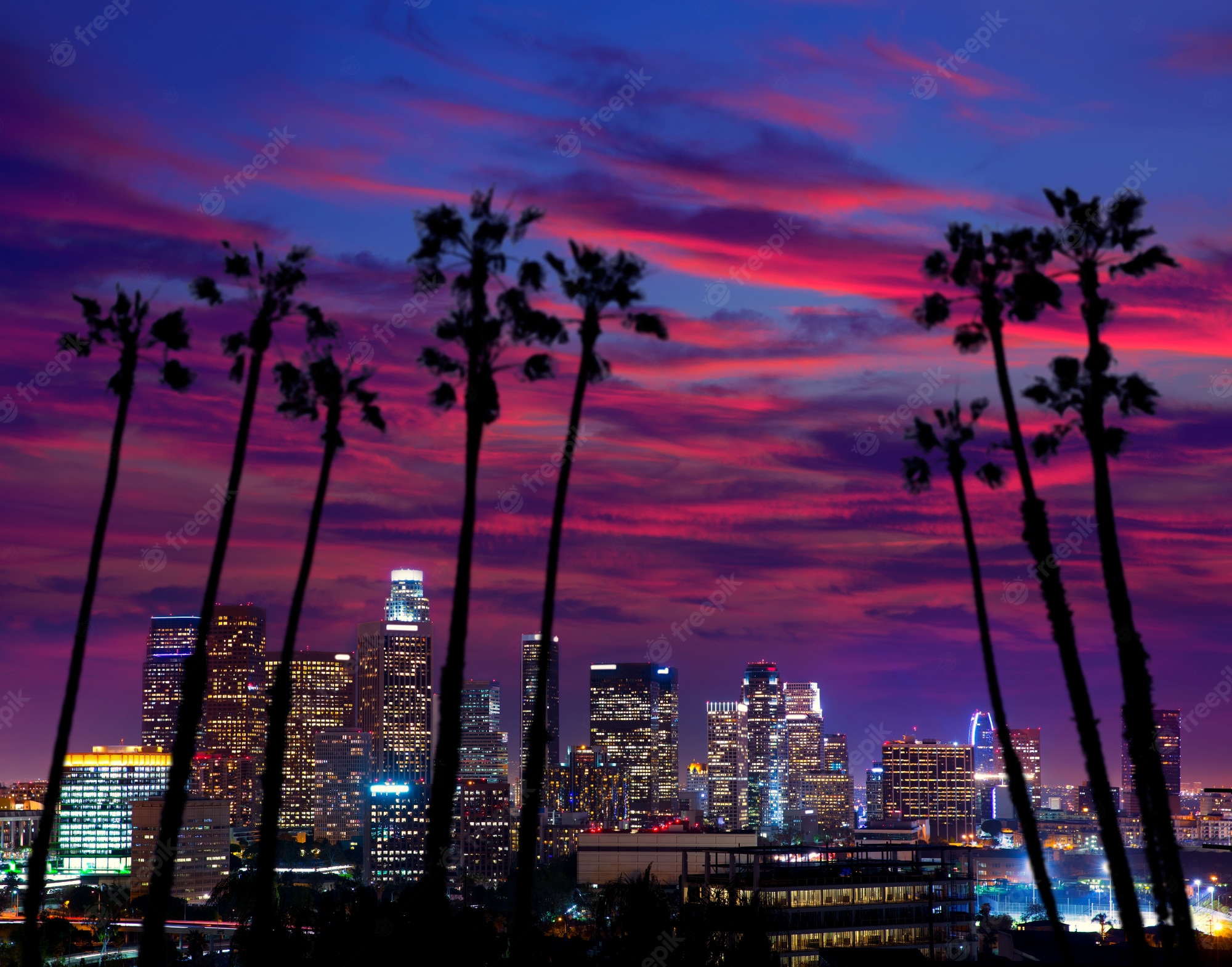 Los Angeles At Night Pink Sky Wallpapers