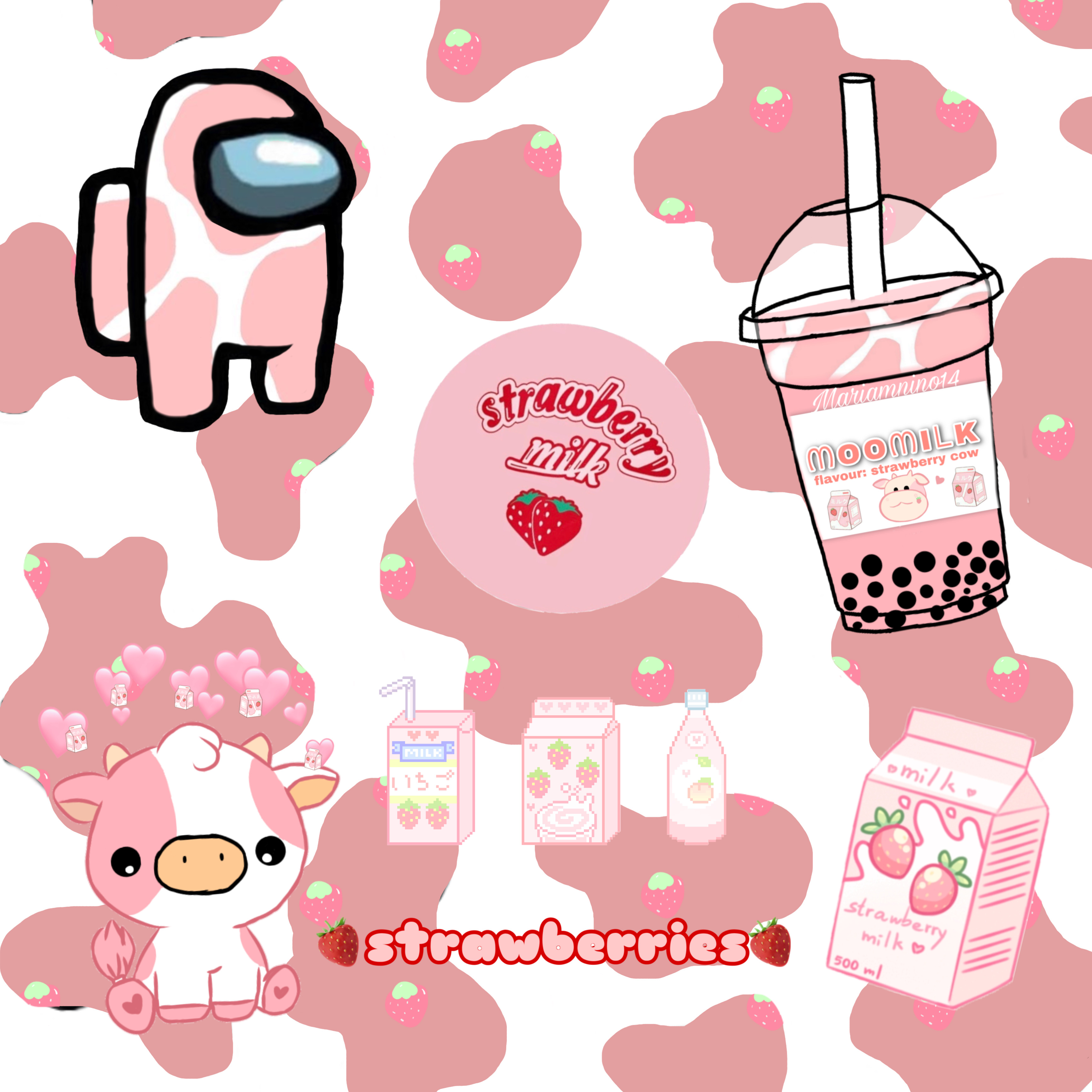 Pink Cow Strawberry Milk Kawaii Wallpapers