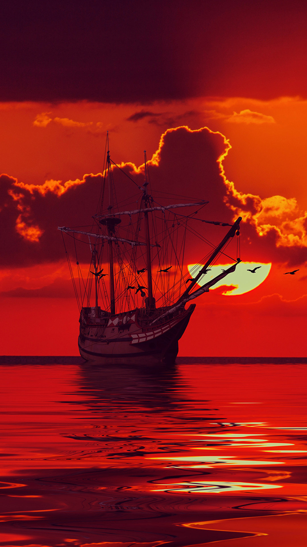 Boat And Red Cloud Art Wallpapers