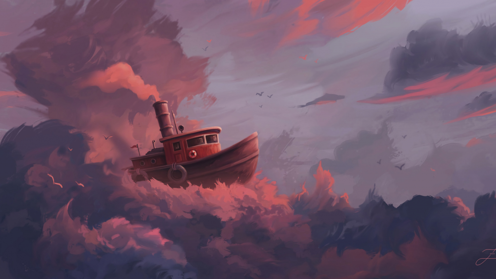 Boat And Red Cloud Art Wallpapers