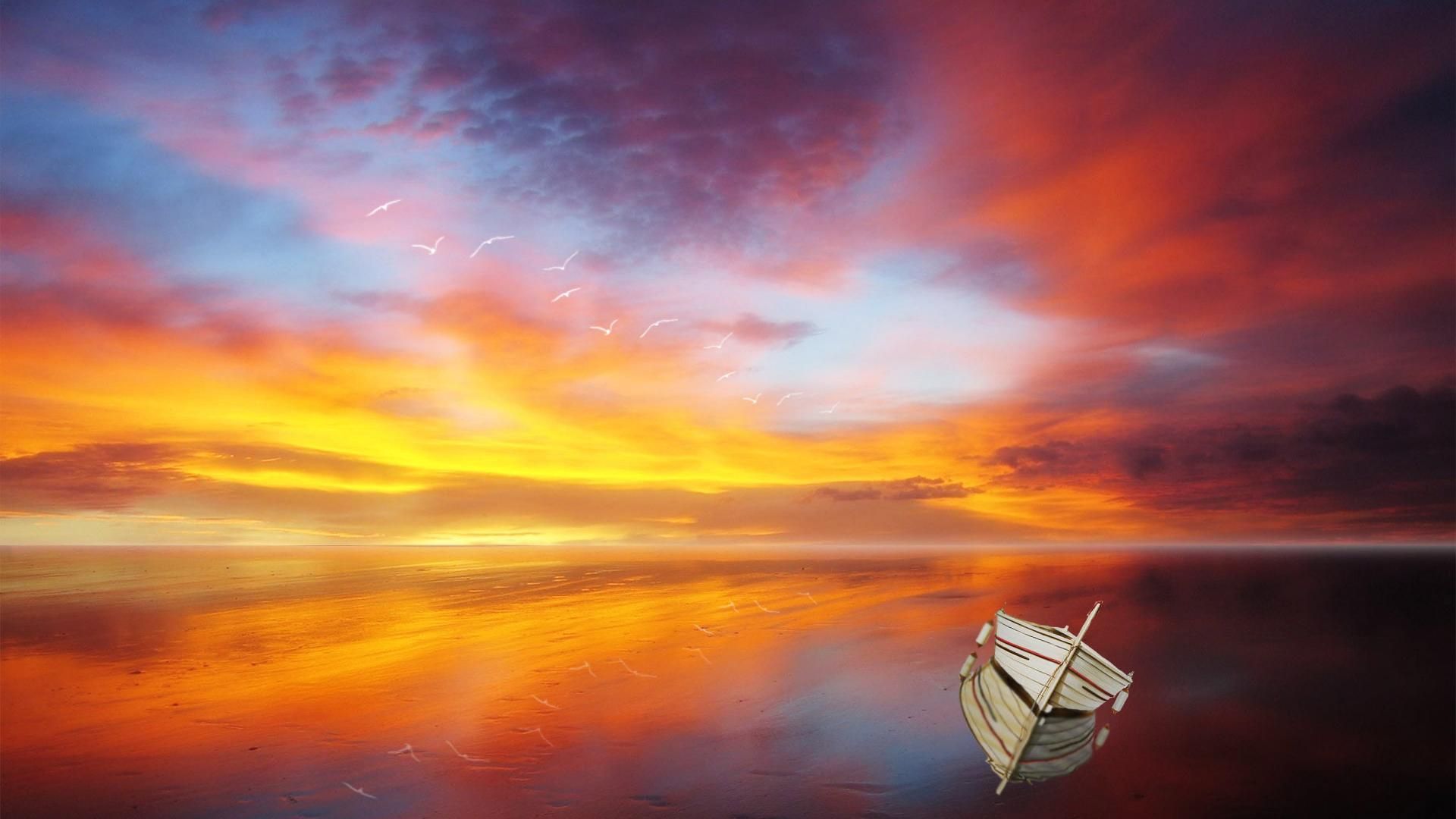 Boat And Red Cloud Art Wallpapers