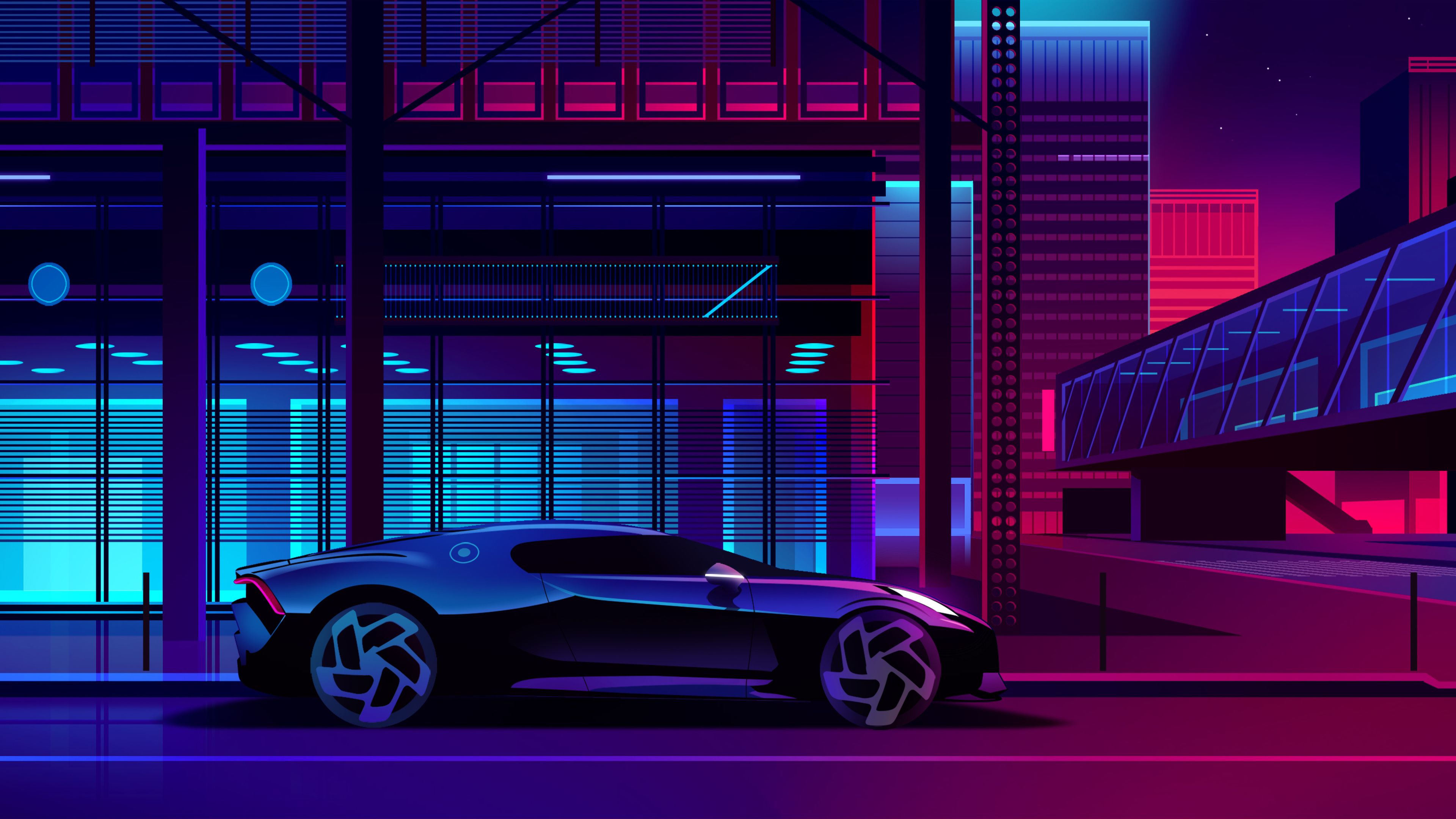 Car In Artistic City Retrowave Wallpapers