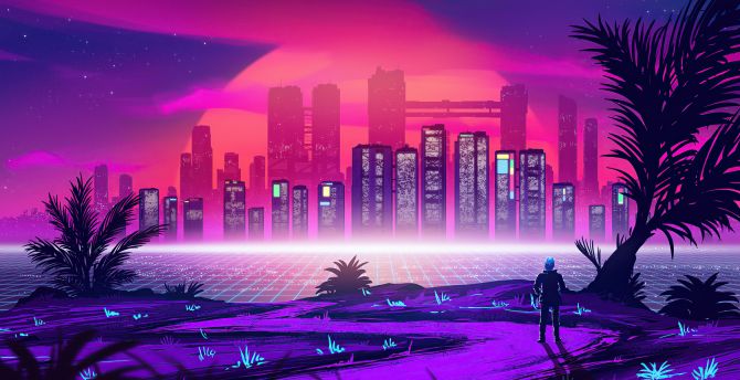 Car In Artistic City Retrowave Wallpapers