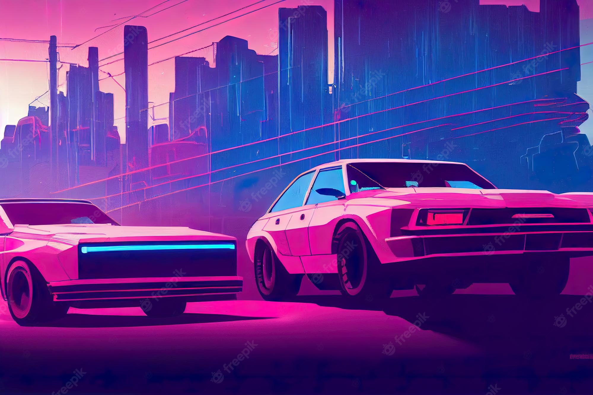 Car In Artistic City Retrowave Wallpapers