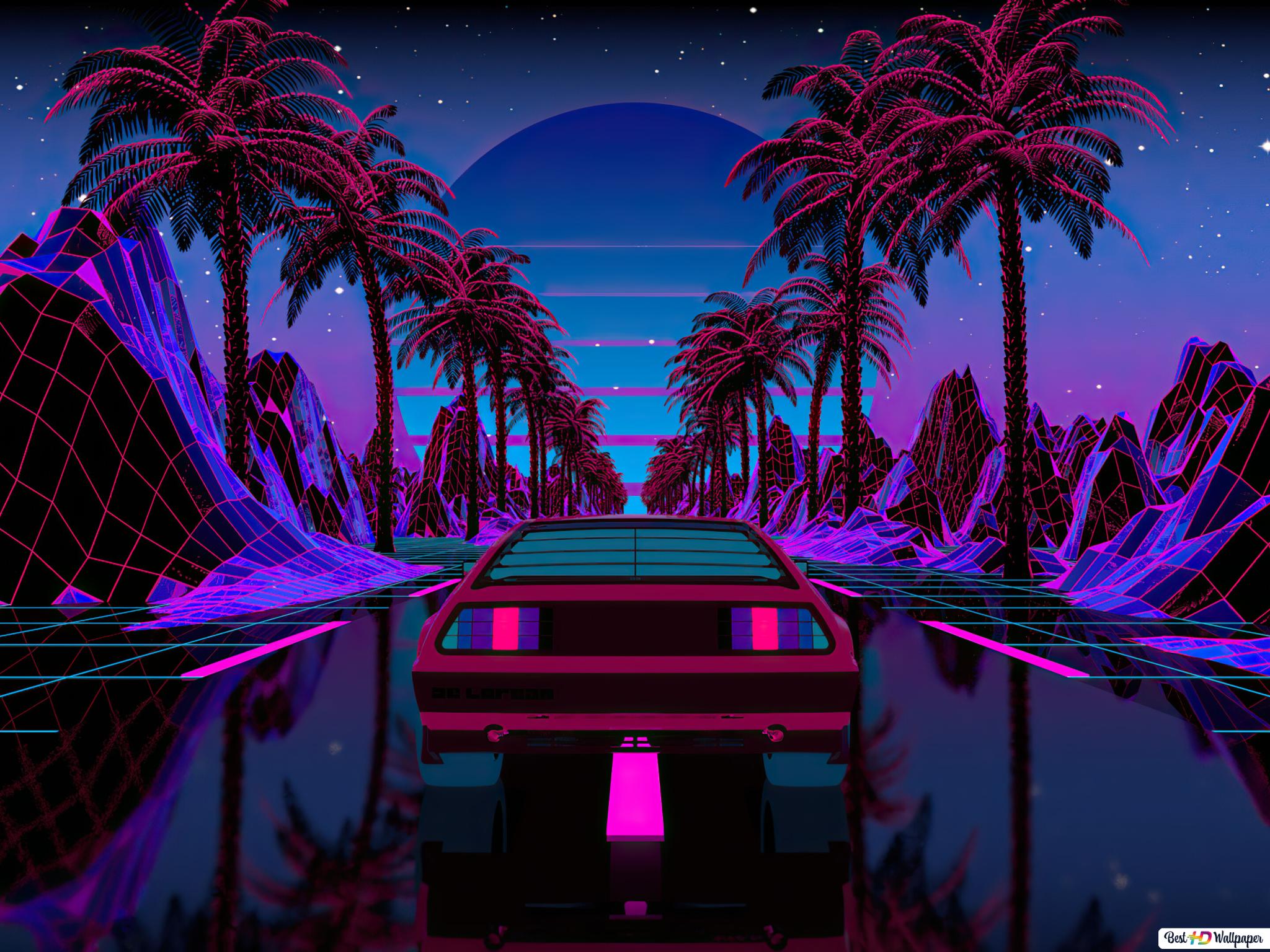 Car In Artistic City Retrowave Wallpapers