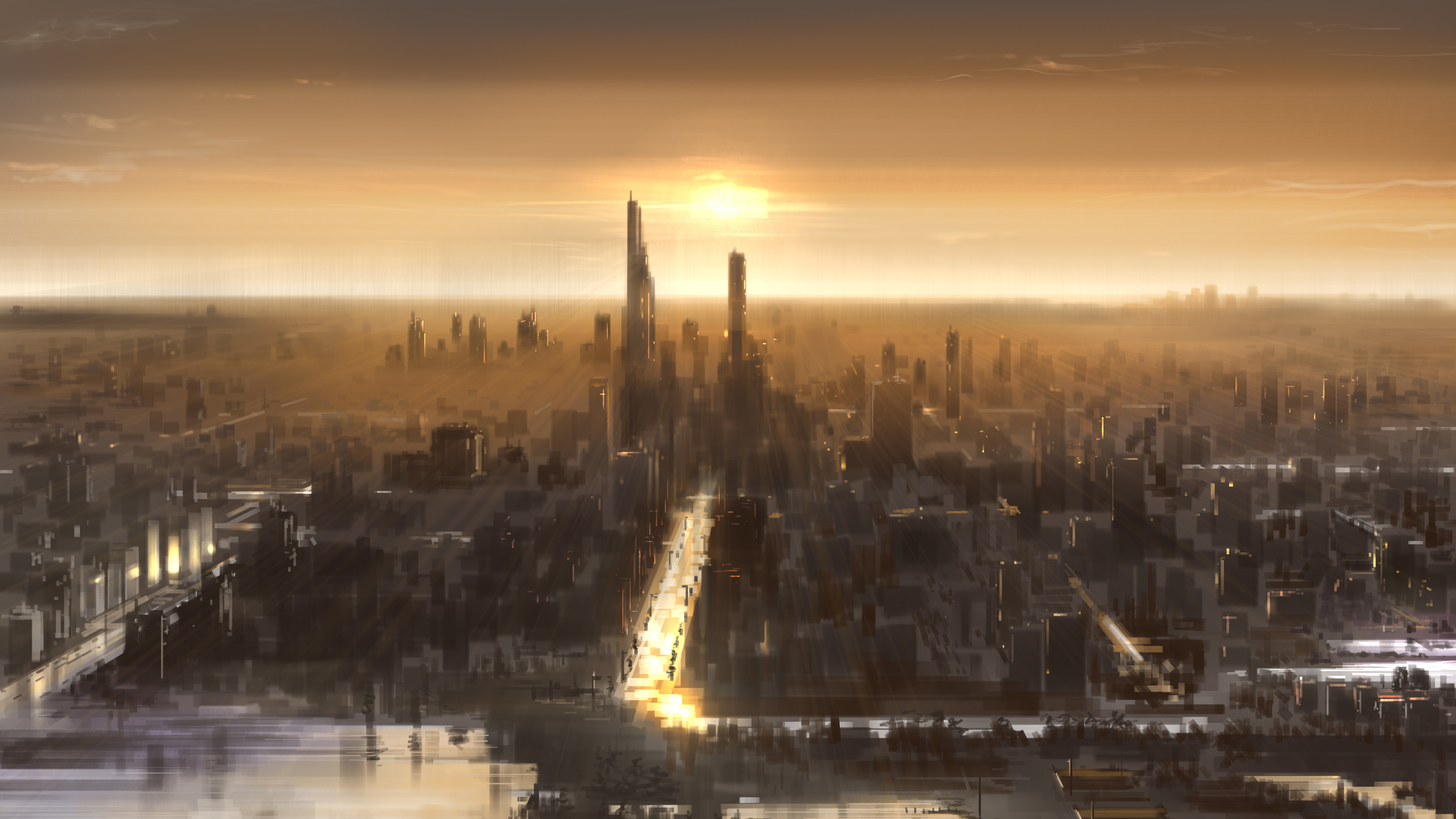 Cityscape Artwork In Sunset Wallpapers