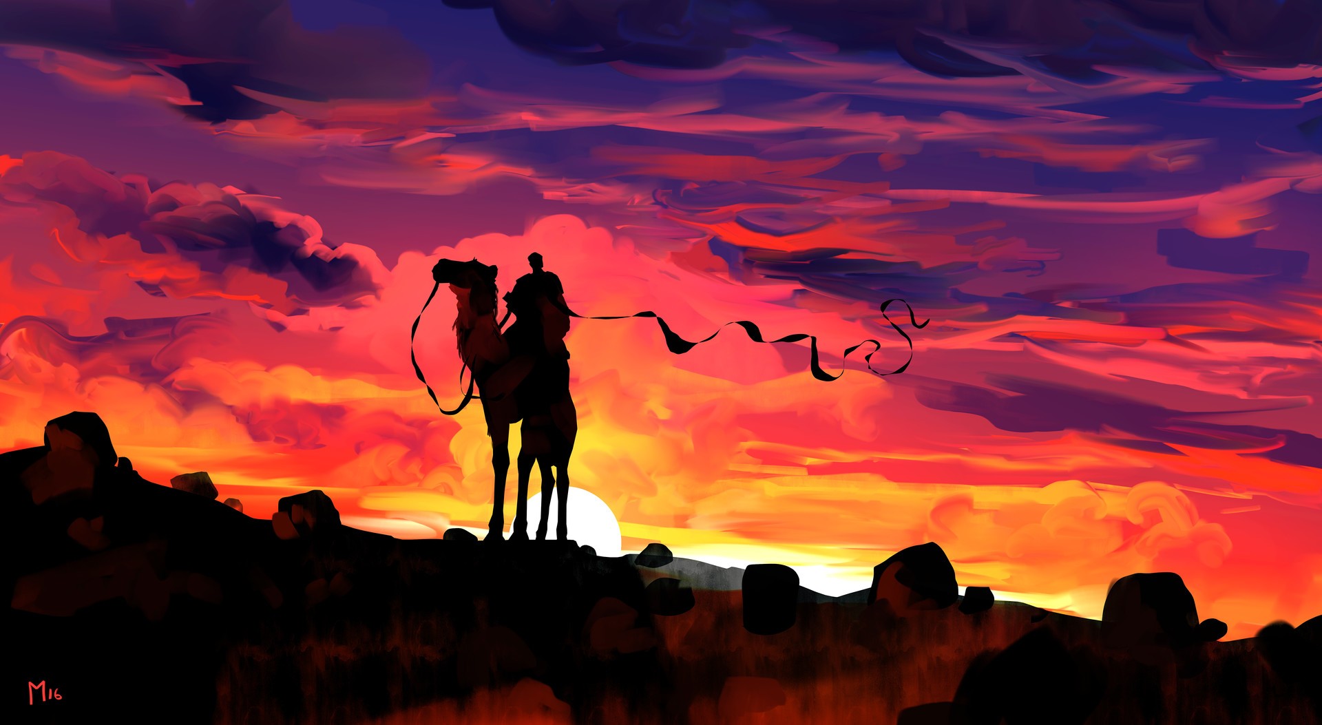 Couple At Sunset Illustration Wallpapers