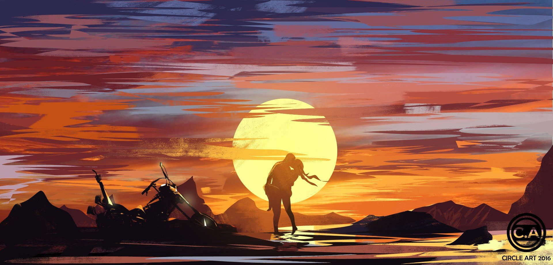 Couple At Sunset Illustration Wallpapers