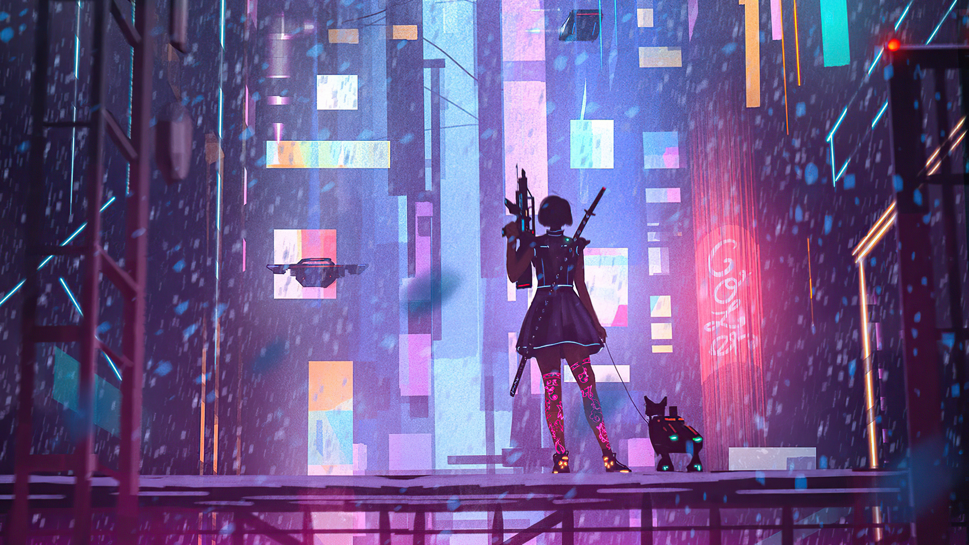 Cyborg Dog And Girl Cyberpunk Futuristic City Wallpapers