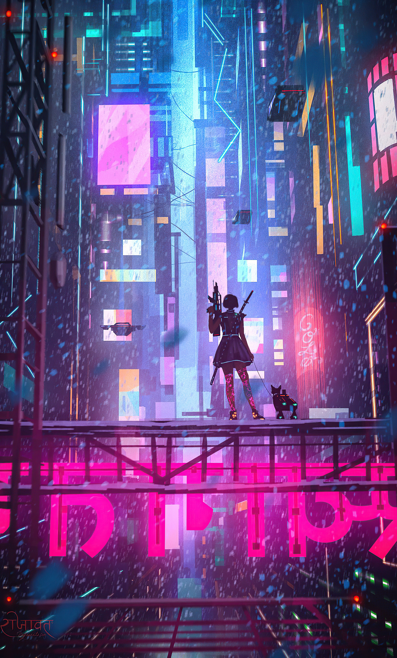 Cyborg Dog And Girl Cyberpunk Futuristic City Wallpapers